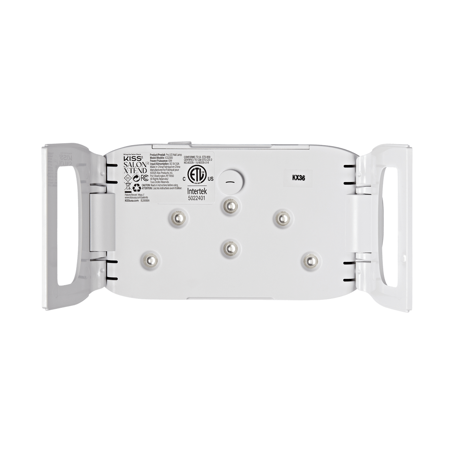 The image shows the underside of a device, likely a lighting fixture or similar equipment. It features a smooth, white surface with several circular LED lights arranged in a pattern. There are two handles on either side for easy handling or installation. Various labels and markings are present, including safety certifications and model information. The overall design appears modern and functional.