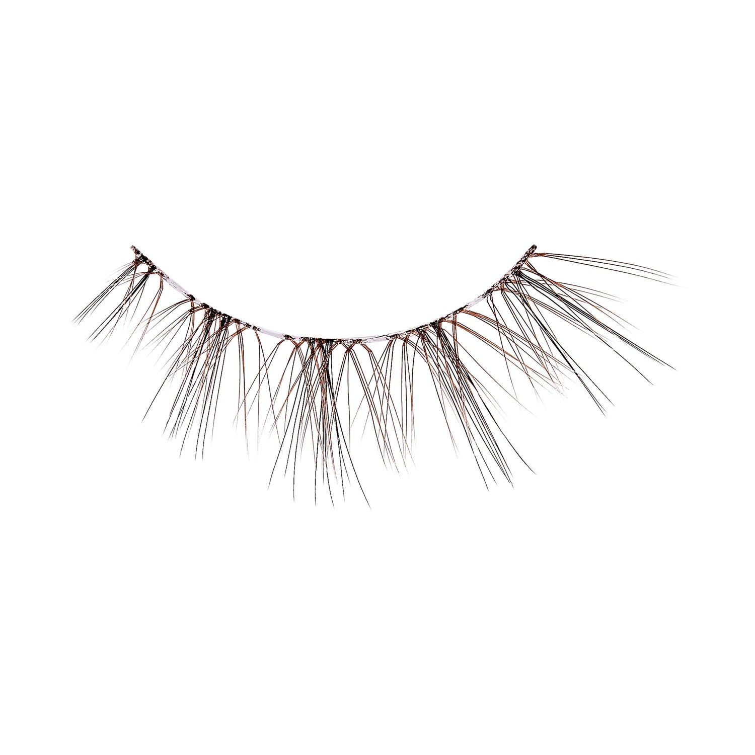 The image shows a single strip of false eyelashes. The eyelashes are arranged in a semi-circular shape, designed to mimic the natural curve of the eyelid. The lashes are long, wispy, and spaced out, giving a dramatic and voluminous appearance. The base of the strip is thin and flexible, allowing for easy application to the eyelid. The lashes are black in color, enhancing their visibility and impact.