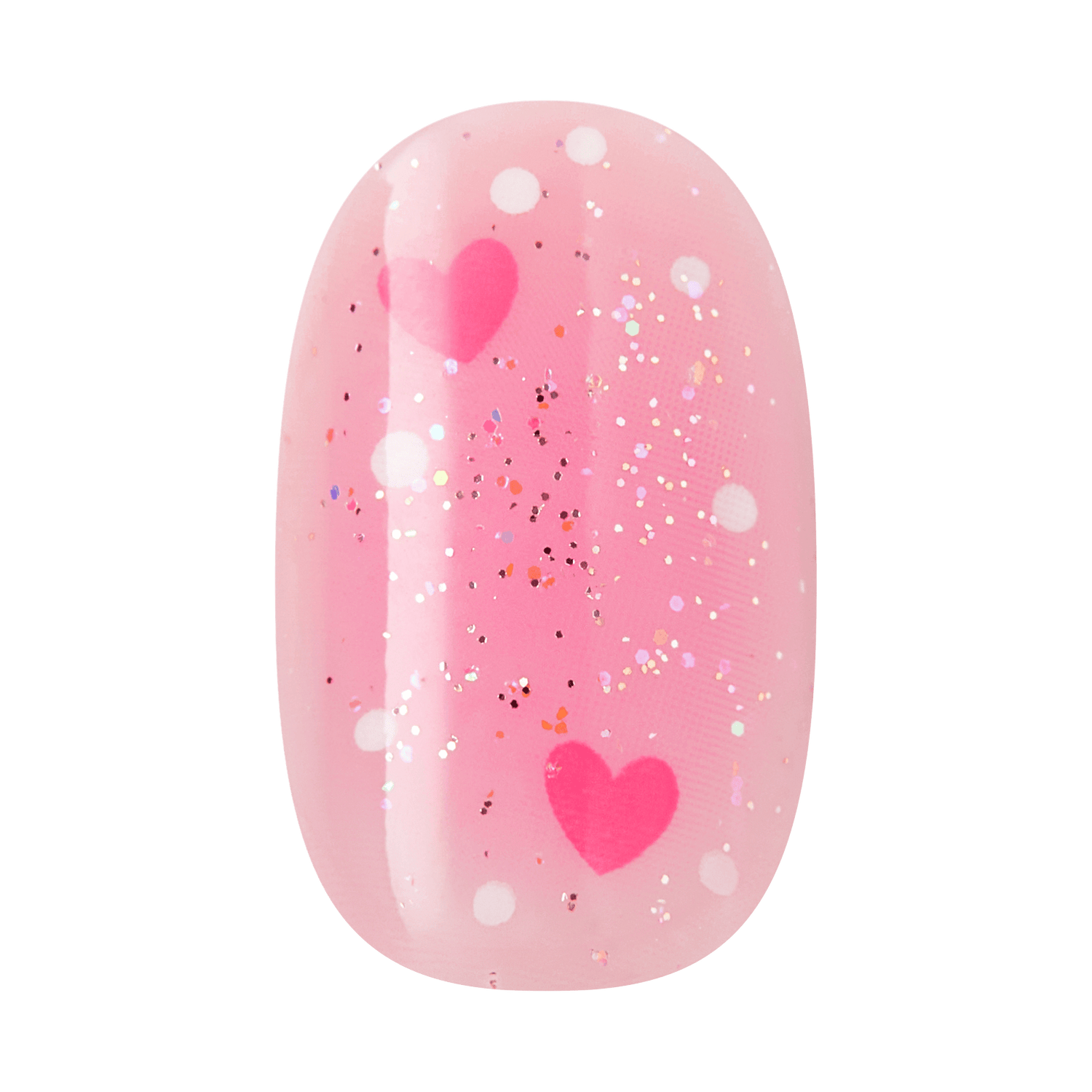 Pink nail polish with hearts and glitter embellishments