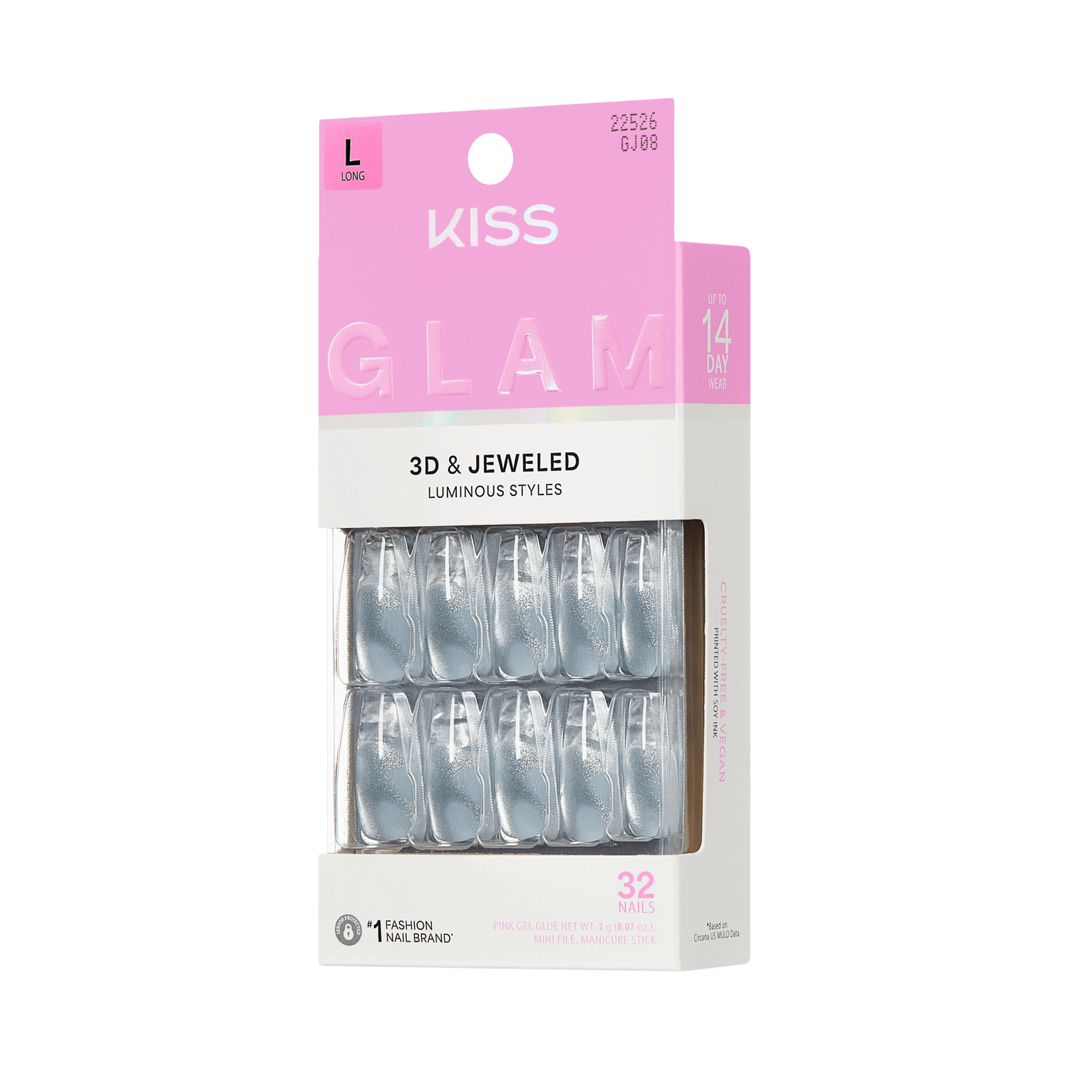 Kiss Glam 3D Jeweled Luminous false nails, 32 nails, size L long.