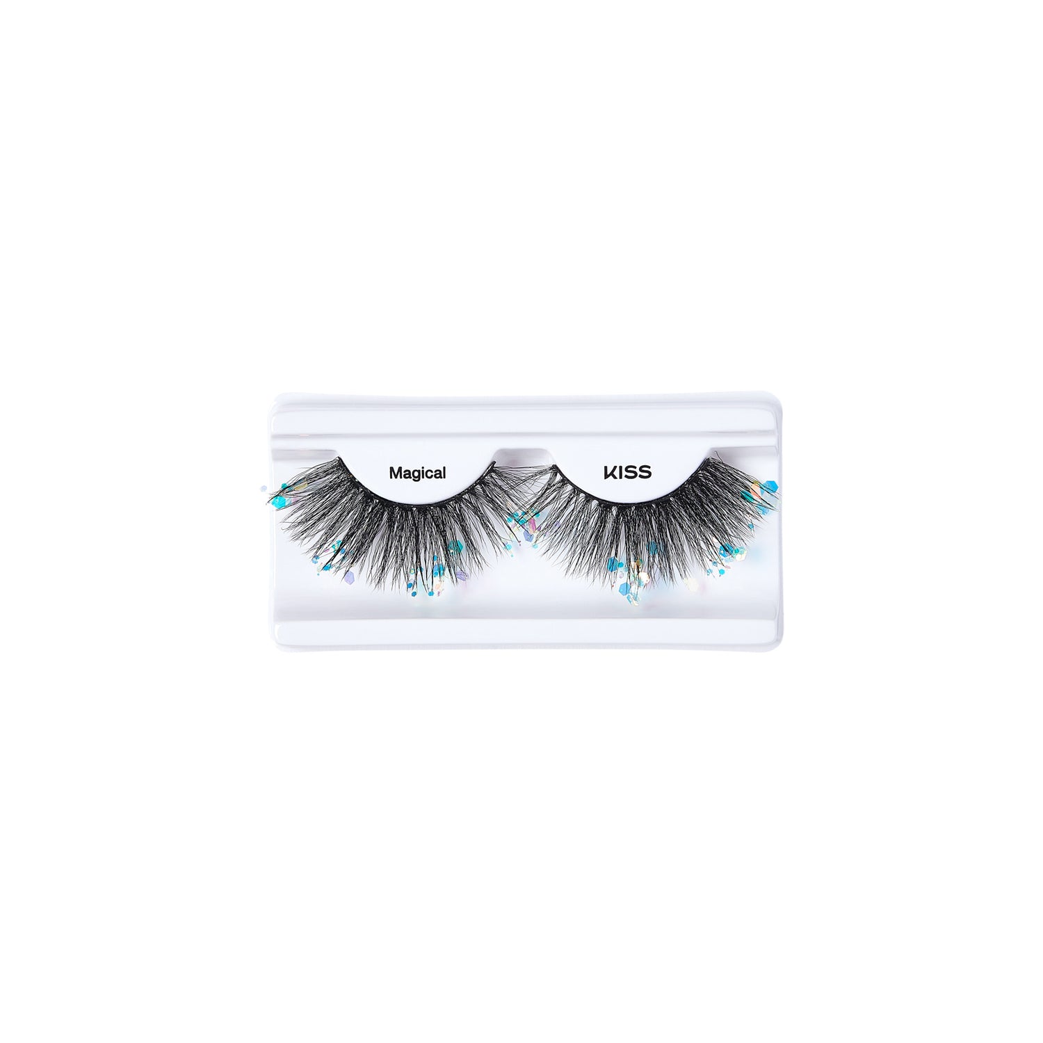The image shows a pair of false eyelashes packaged in a clear plastic case. The eyelashes are labeled "Magical" and "KISS." The lashes are thick and voluminous, with a dramatic flair. They appear to have small, colorful embellishments or glitter at the tips, adding a touch of sparkle. The packaging is simple and transparent, allowing the eyelashes to be clearly visible.
