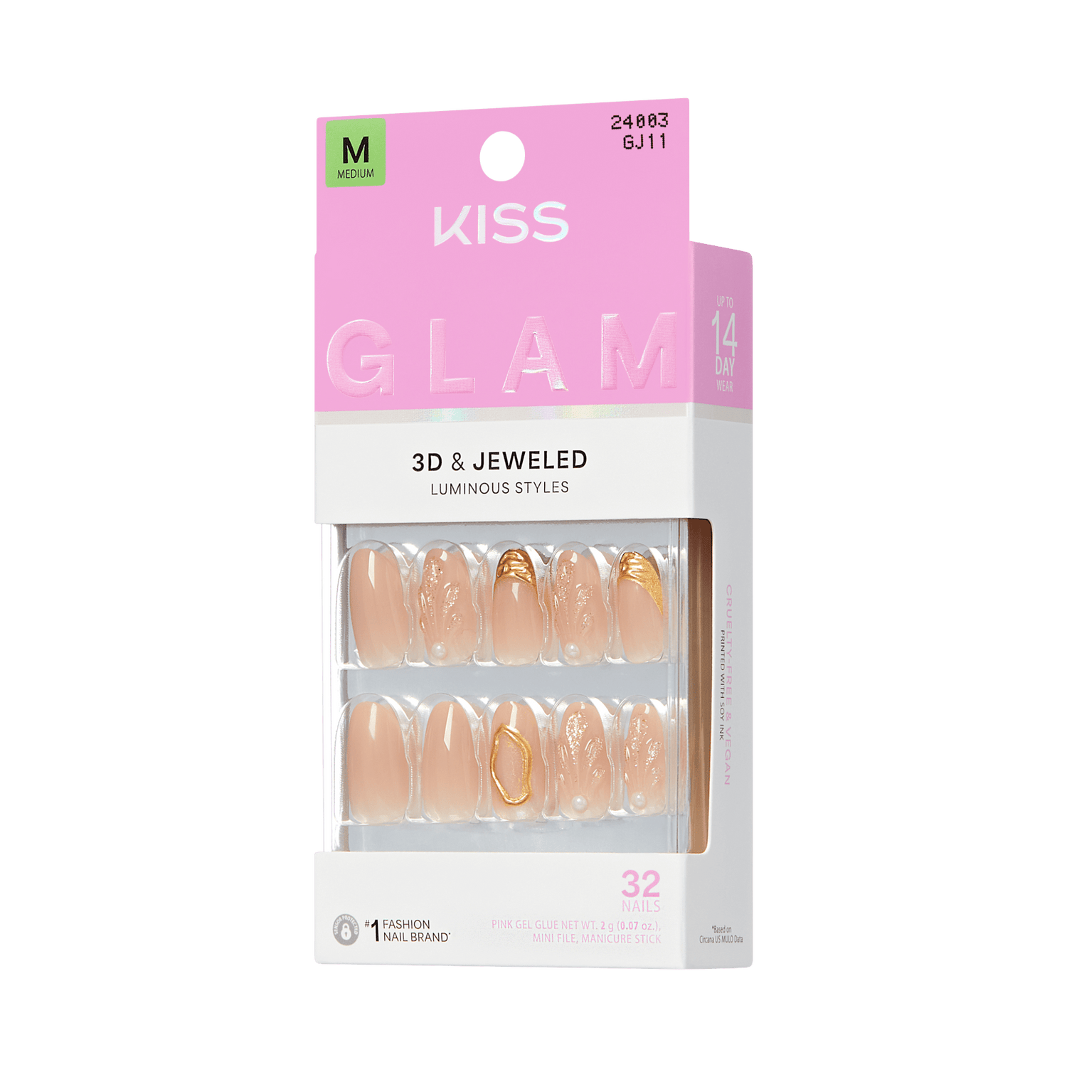 Kiss Glam 3D &amp; Jeweled nude nails with gold accents, 32 count, medium size.