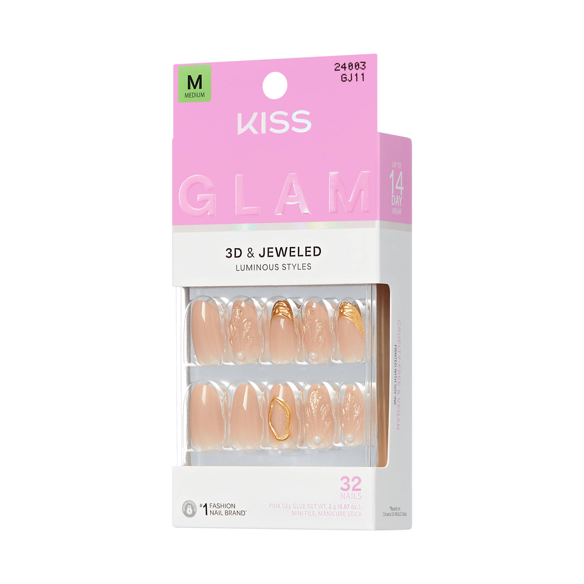 Kiss Glam 3D &amp; Jeweled nude nails with gold accents, 32 count, medium size.