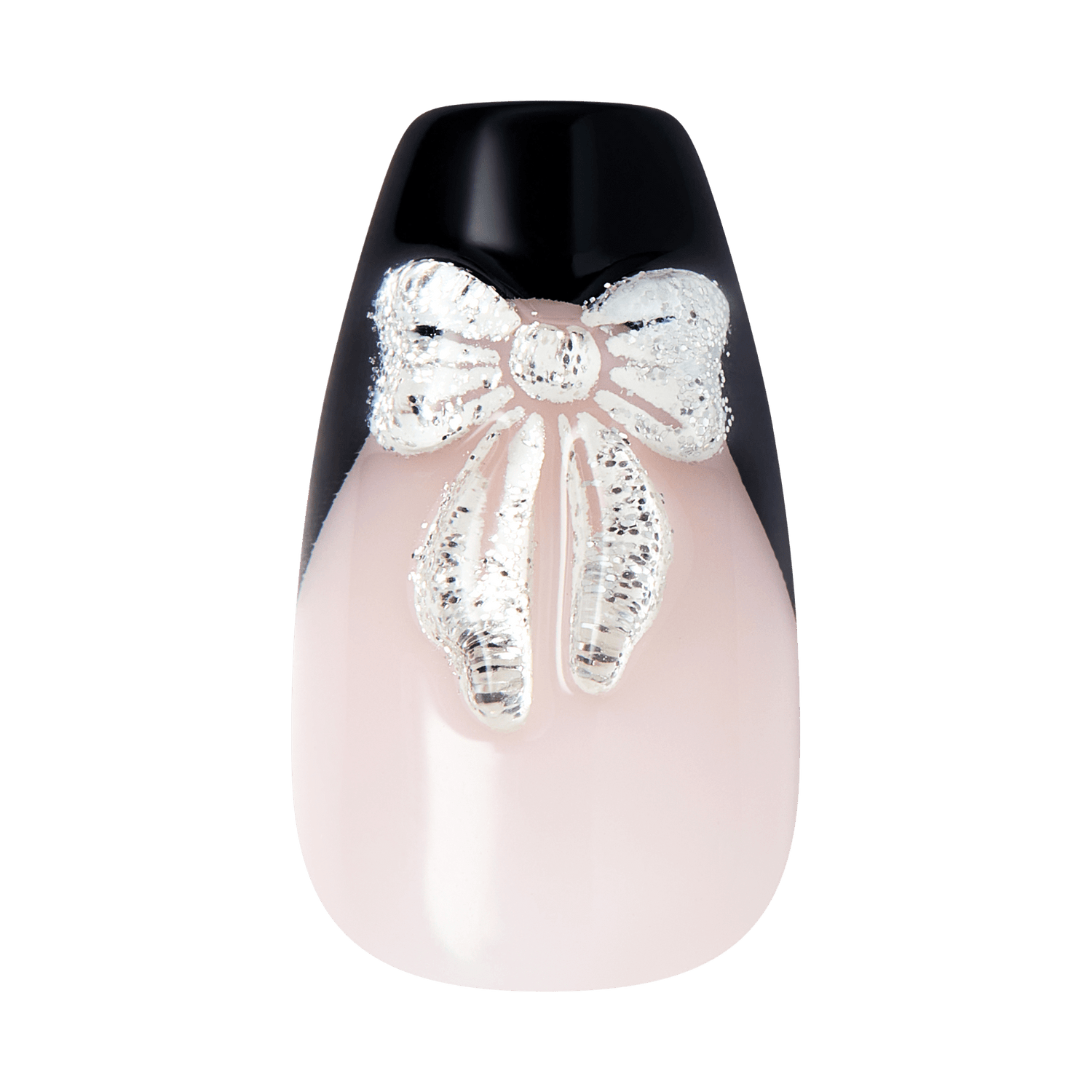 Nail art with silver glitter bow on soft pink base and black tip