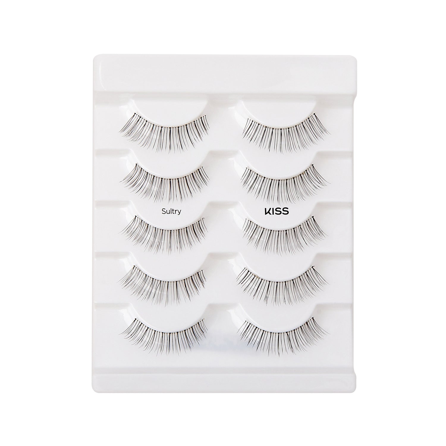 Set of five pairs of natural-looking false eyelashes neatly arranged on white plastic packaging, labeled \