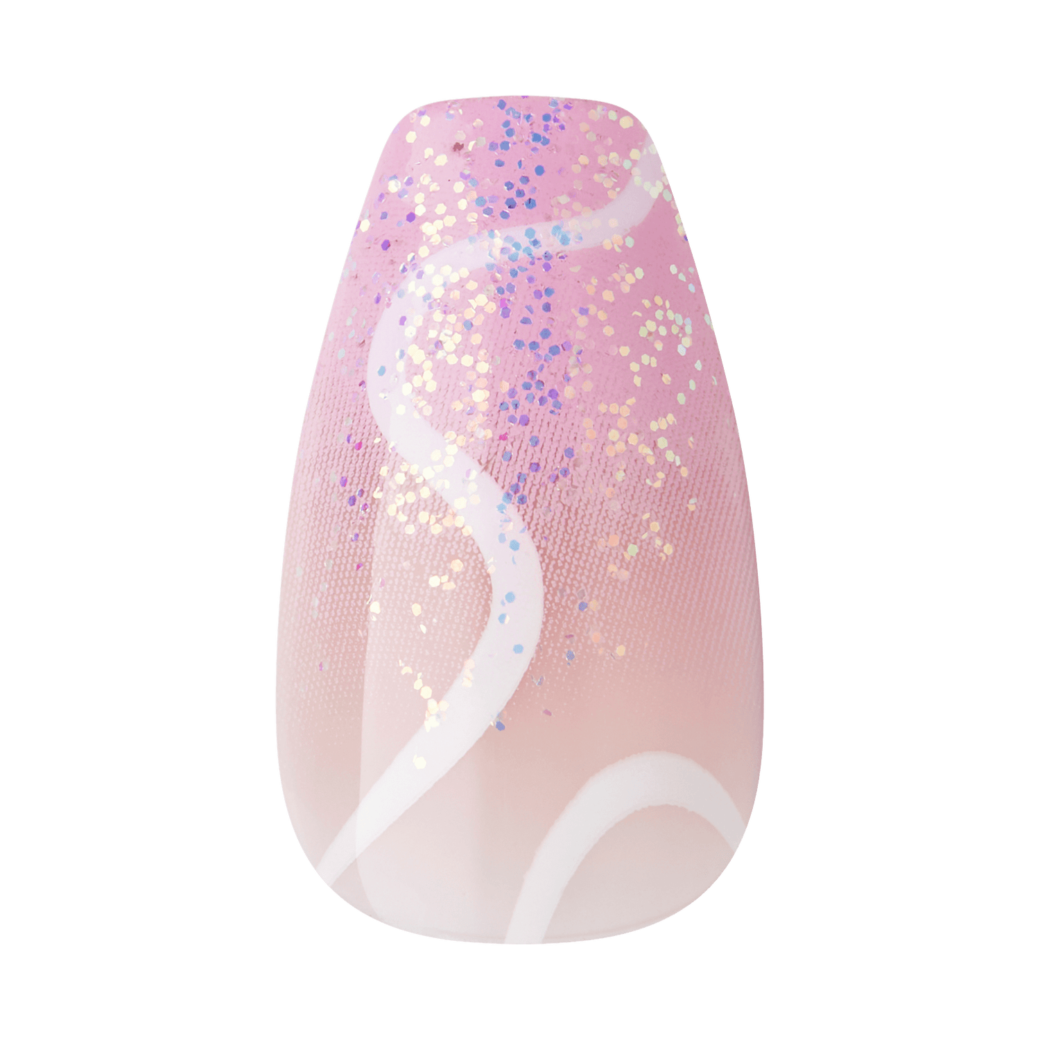 The image shows a single artificial nail with a decorative design. The nail features a gradient background that transitions from a light pink at the base to a slightly darker pink towards the tip. Over this gradient, there are white, wavy lines that curve across the nail. Additionally, there are scattered glitter particles in various colors, including blue and gold, adding a sparkling effect to the design. The overall look is elegant and festive, suitable for a stylish manicure.