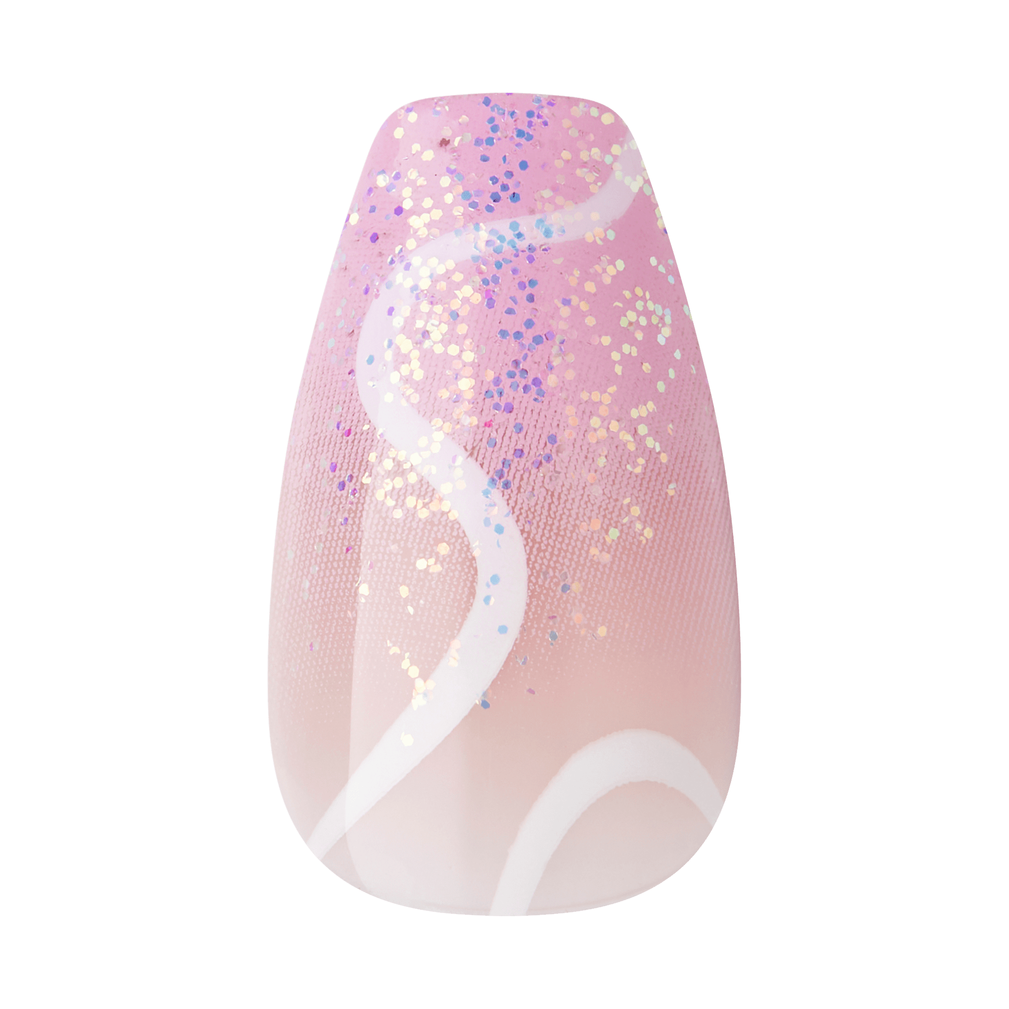 The image shows a single artificial nail with a decorative design. The nail features a gradient background that transitions from a light pink at the base to a slightly darker pink towards the tip. Over this gradient, there are white, wavy lines that curve across the nail. Additionally, there are scattered glitter particles in various colors, including blue and gold, adding a sparkling effect to the design. The overall look is elegant and festive, suitable for a stylish manicure.