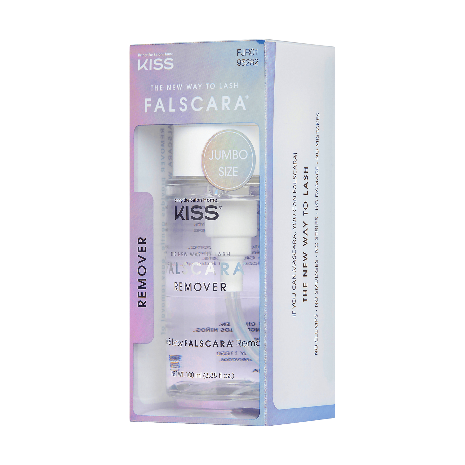 KISS Falscara Remover jumbo size bottle in clear plastic packaging with iridescent purple-blue gradient and text \