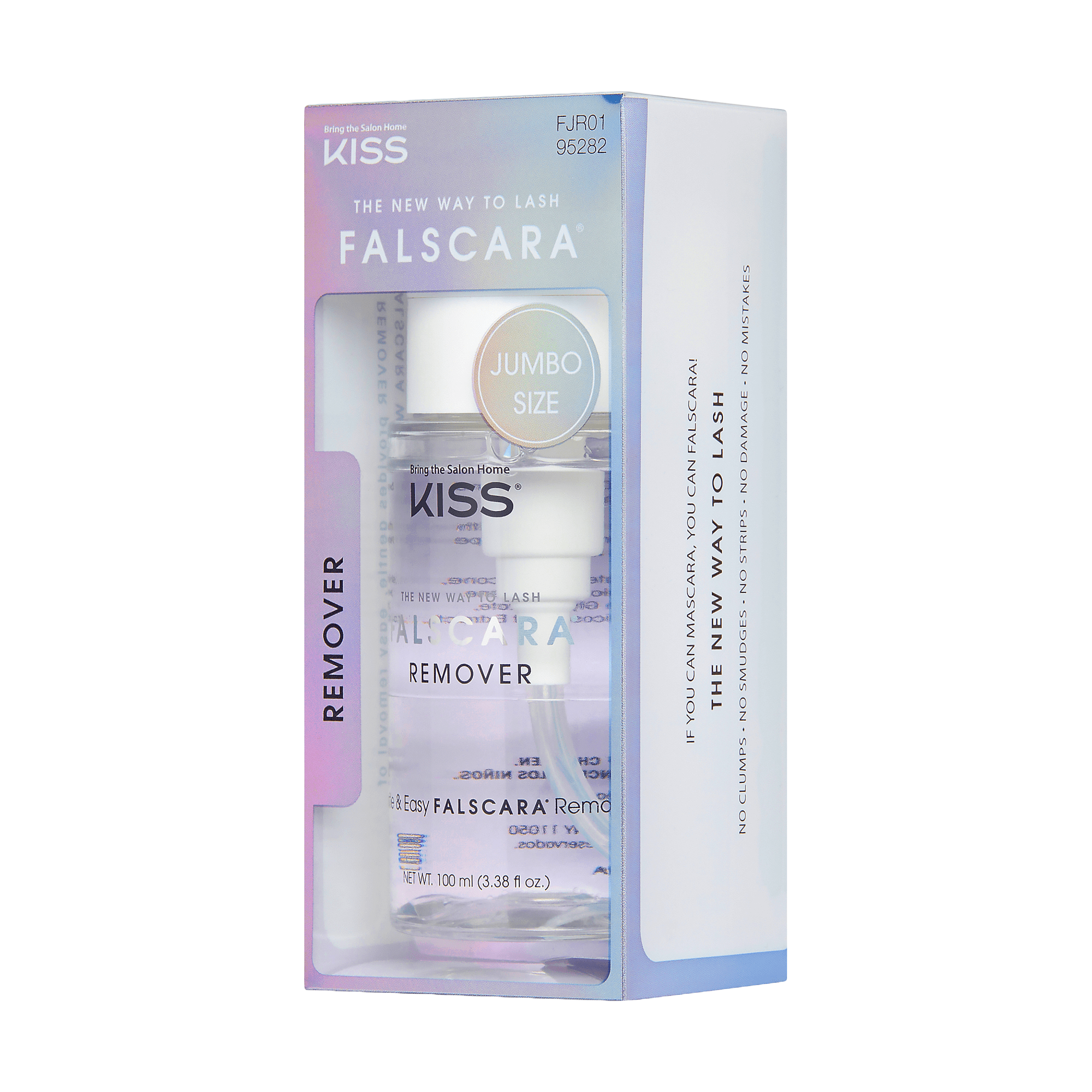 KISS Falscara Remover jumbo size bottle in clear plastic packaging with iridescent purple-blue gradient and text \