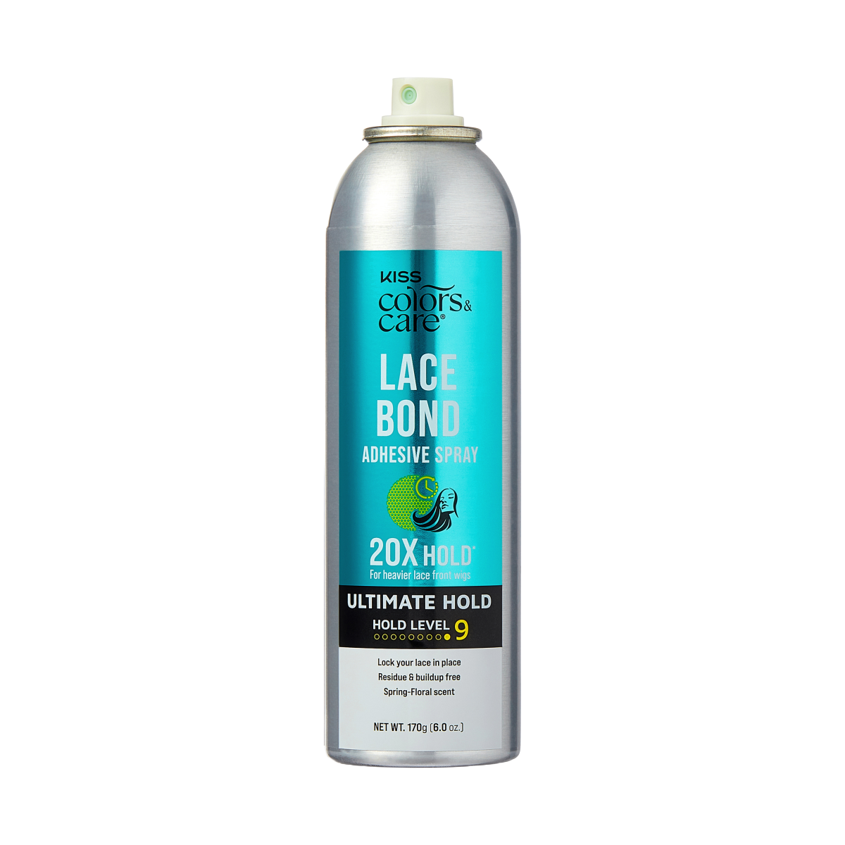 Silver spray can with turquoise label for KISS Colors &amp; Care Lace Bond Adhesive Spray.