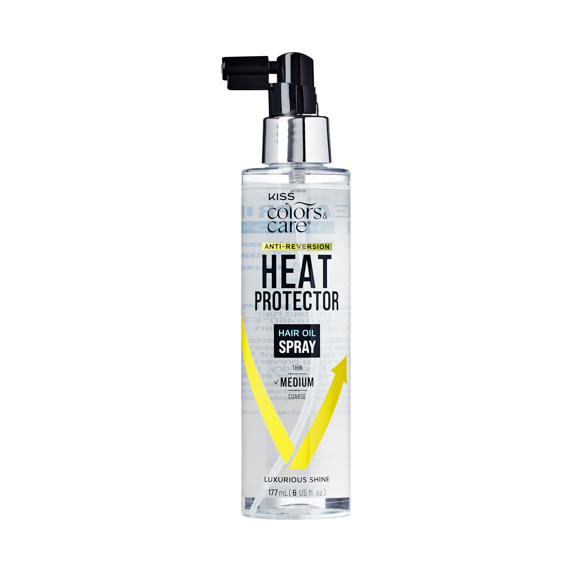 Clear spray bottle of KISS Colors &amp; Care Anti-Reversion Heat Protector Hair Oil Spray with black and silver pump, labeled for medium hair and luxurious shine.