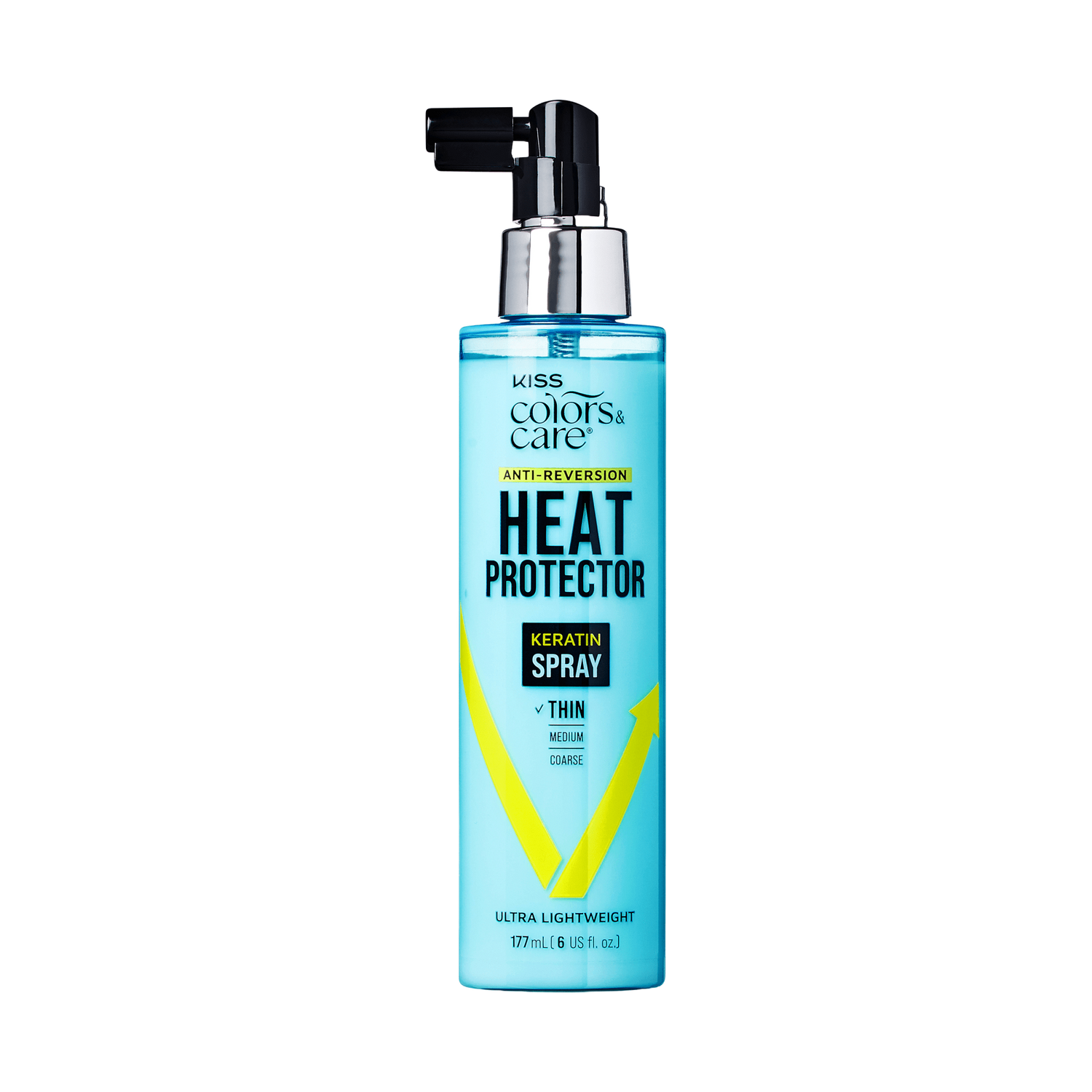 Blue spray bottle of KISS Colors &amp; Care Anti-Reversion Heat Protector Keratin Spray, labeled for thin hair and ultra lightweight, 177 mL.