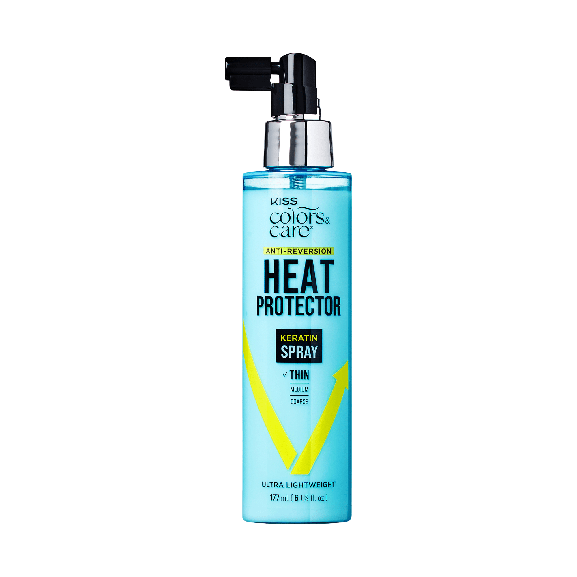 Blue spray bottle of KISS Colors &amp; Care Anti-Reversion Heat Protector Keratin Spray, labeled for thin hair and ultra lightweight, 177 mL.