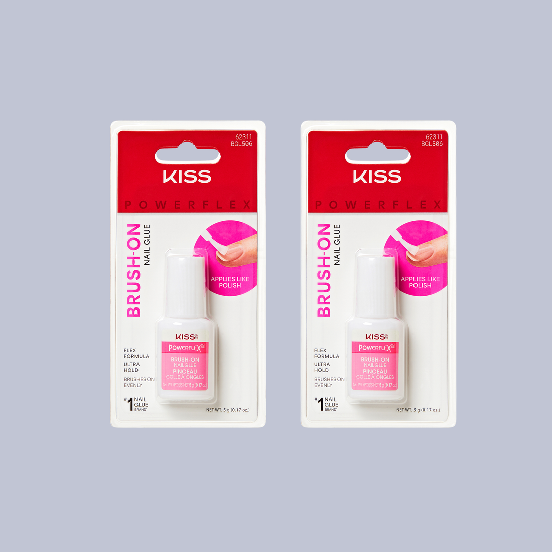 Two packages of Kiss Powerlink Brush-On Nail Glue on a gray background