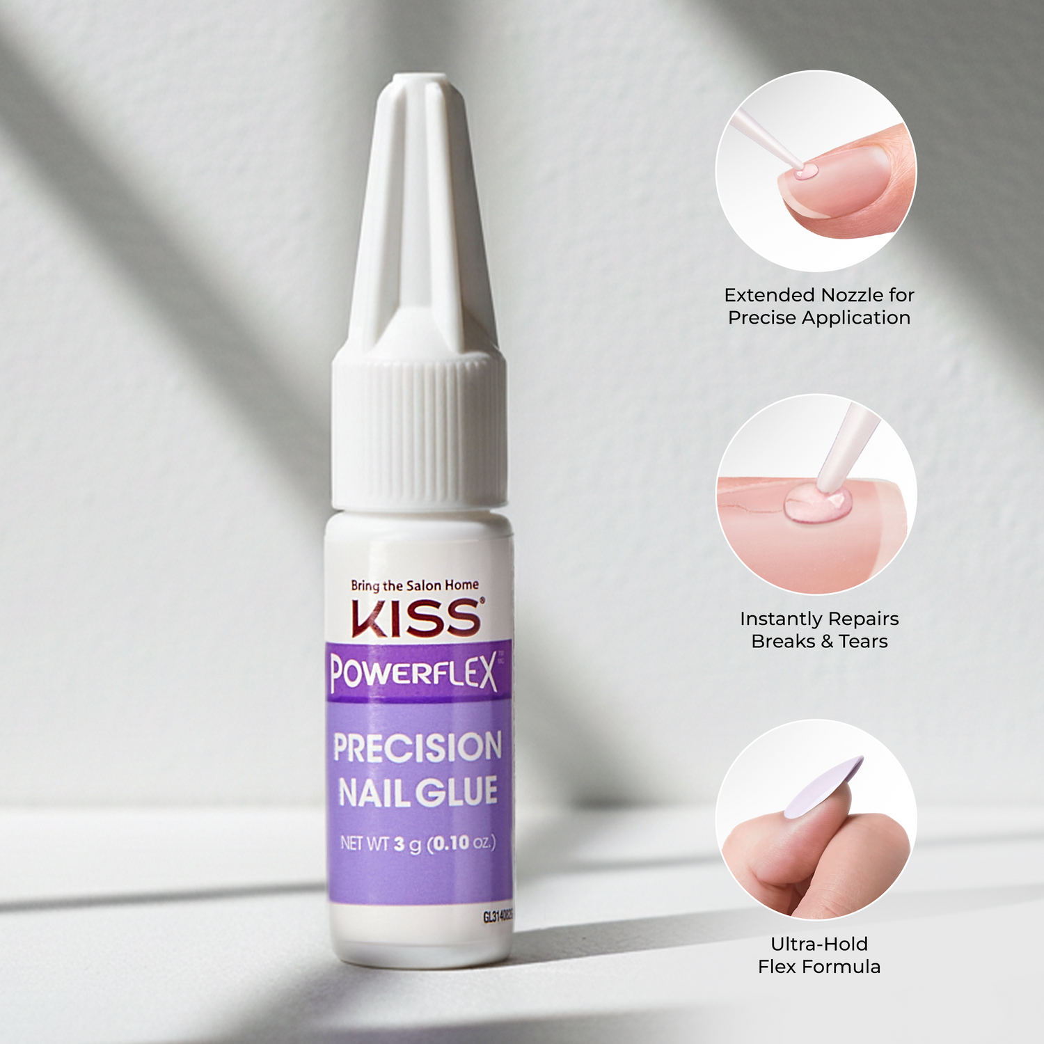 KISS Powerflex Precision Nail Glue bottle with features highlighted on a light gray background