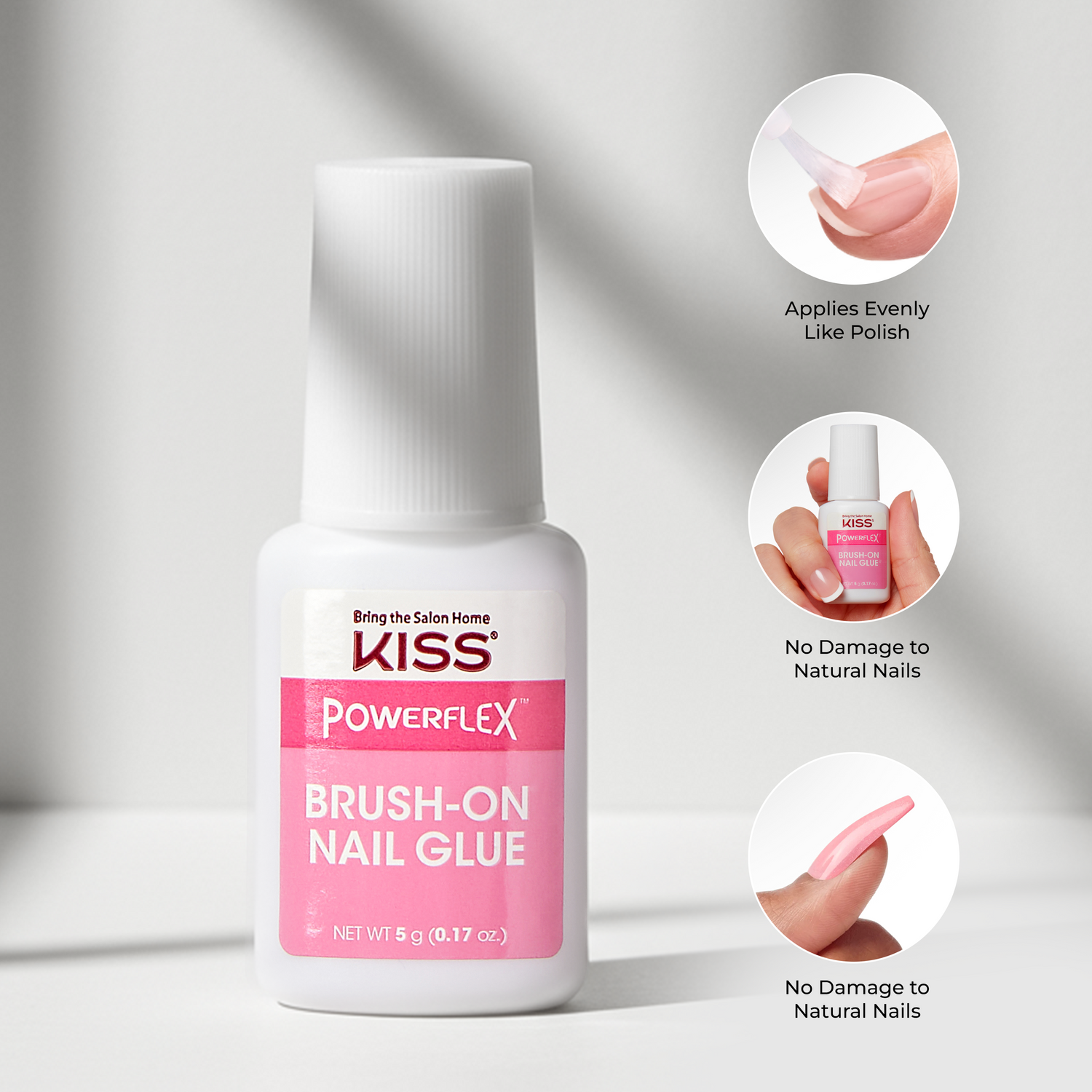 Bottle of KISS PowerFlex Brush-On Nail Glue with white cap and pink label, highlighting even polish application and no damage to natural nails.