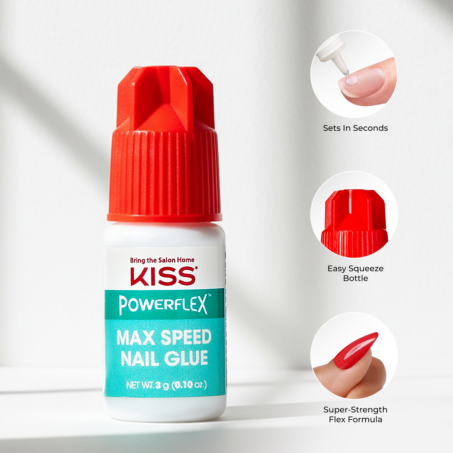 KISS Powerflex Max Speed Nail Glue bottle with features highlighted on a white background