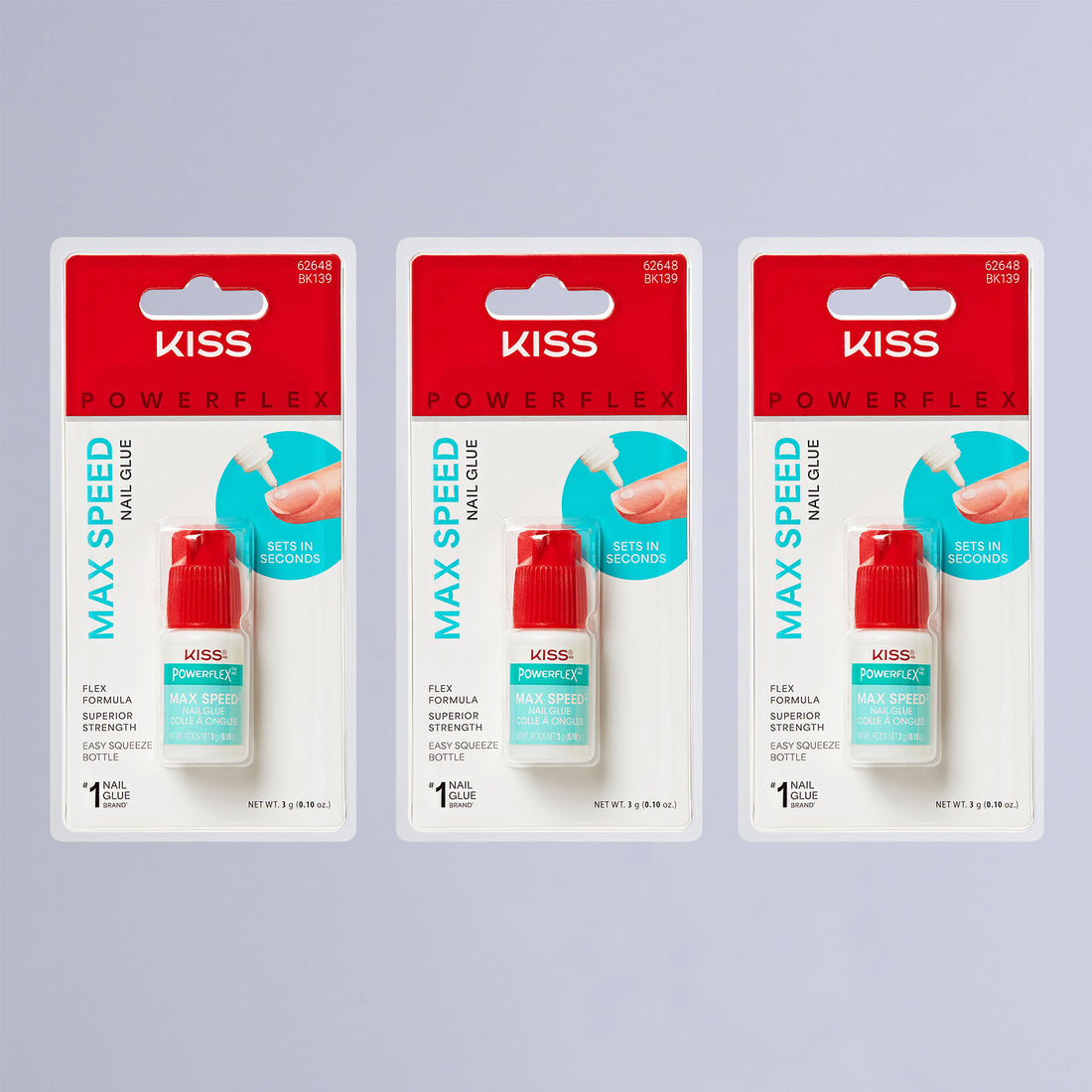 Three KISS PowerFlex Max Speed Nail Glue packages with red caps on light background.