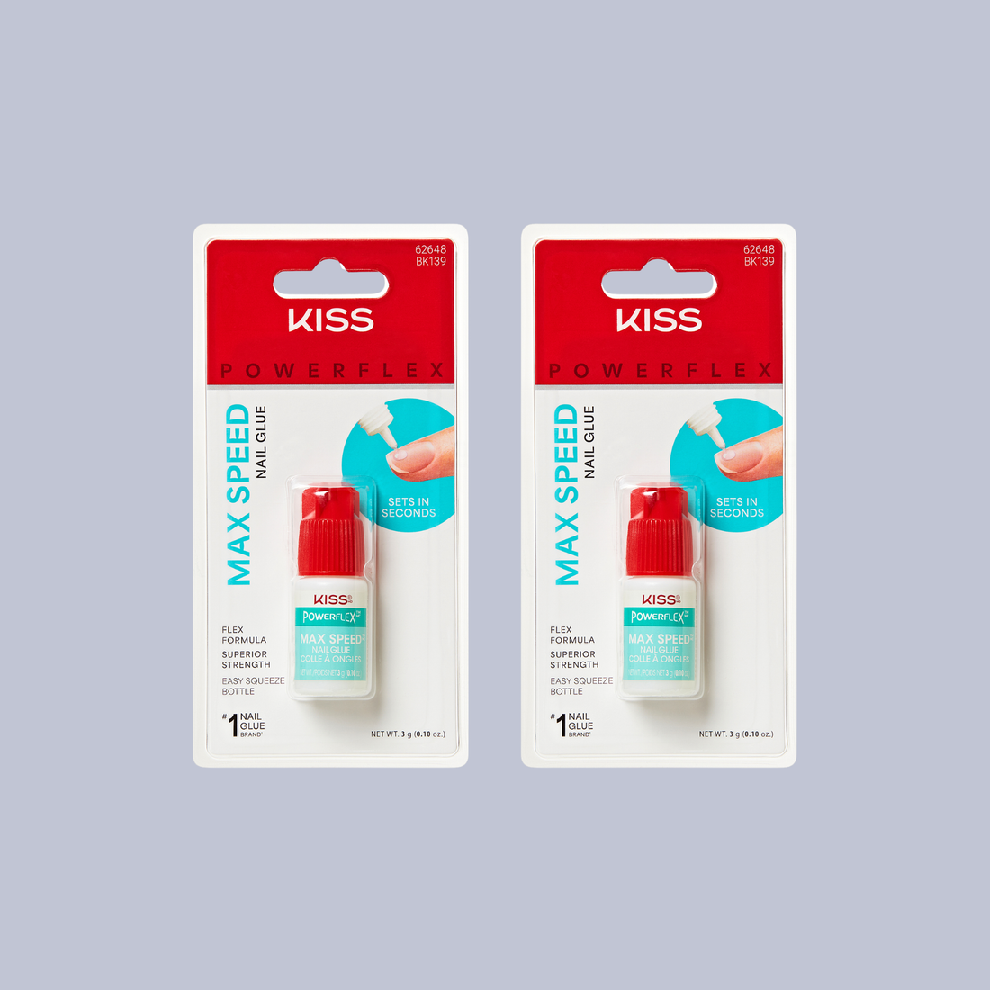 Two packages of Kiss Powerflex Max Speed nail glue on a gray background
