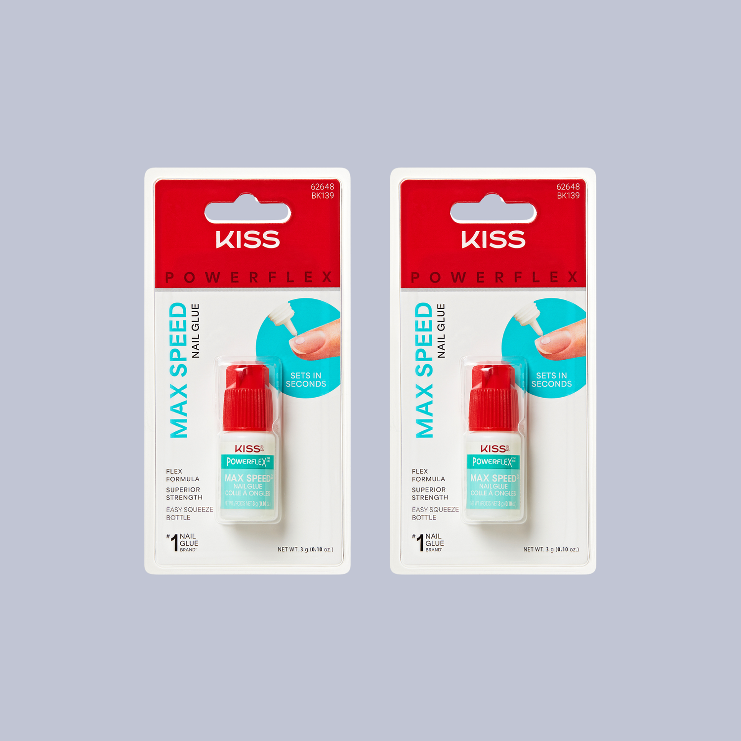 Two packages of Kiss Powerflex Max Speed nail glue on a gray background