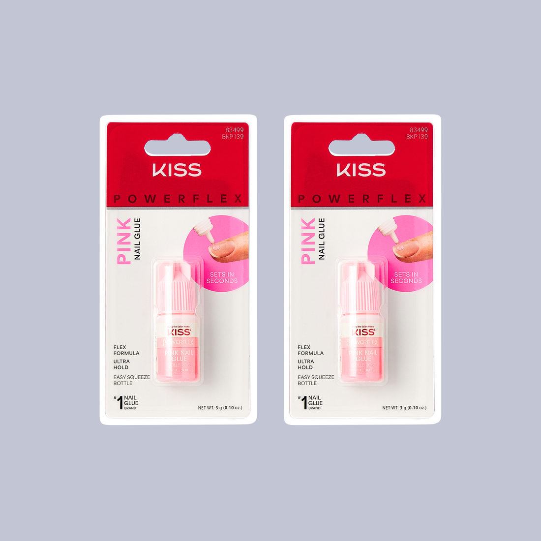 Two packages of Kiss Powerflex Pink Nail Glue on a gray background