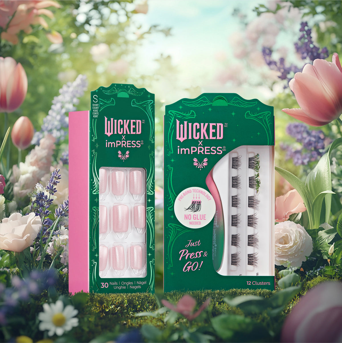 Wicked x imPRESS nail products: pink press-on nails and false lashes in garden setting.