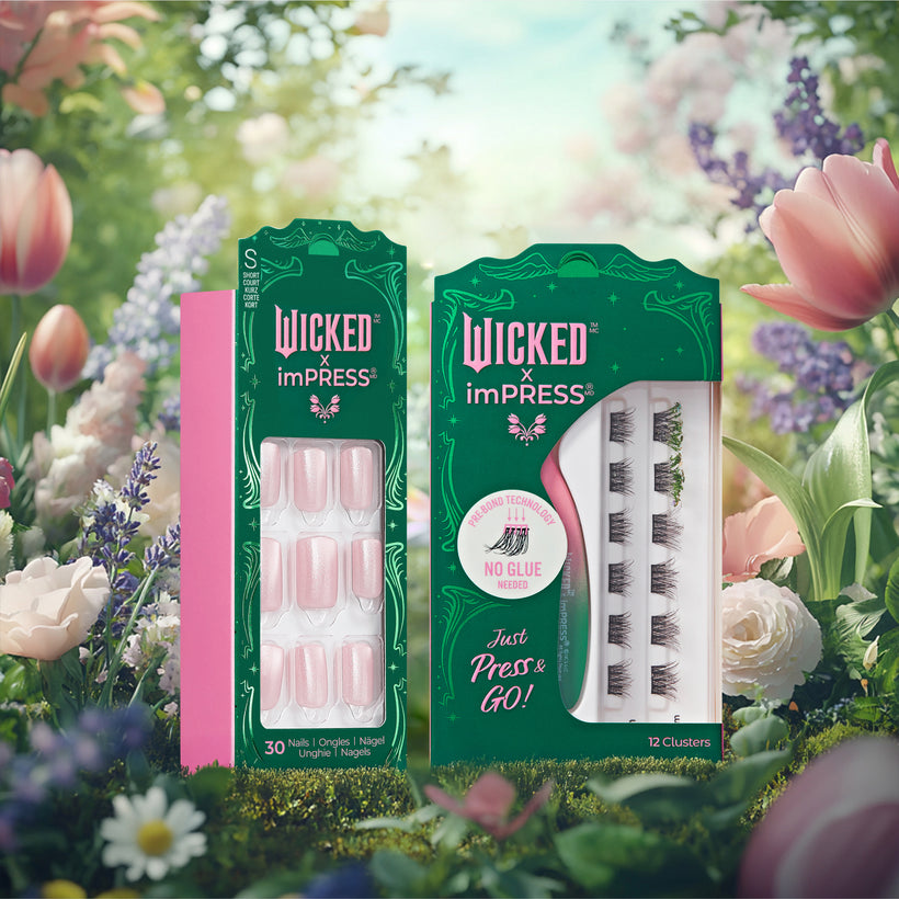 Wicked x imPRESS nail products: pink press-on nails and false lashes in garden setting.