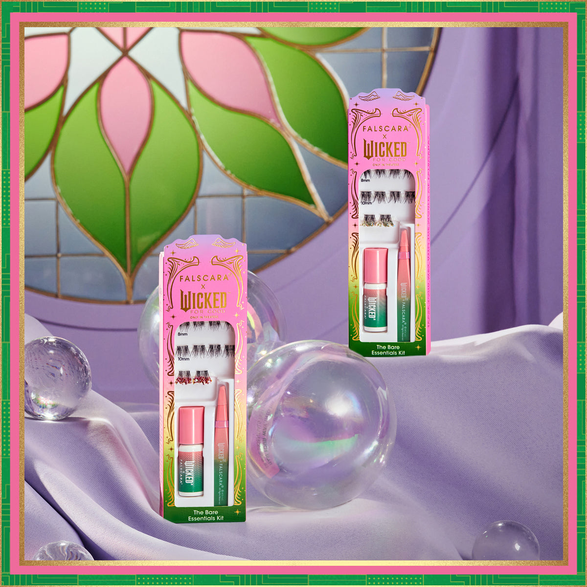 FALSCARA Wicked lash kits with Bare Essentials displayed on purple fabric with decorative spheres.