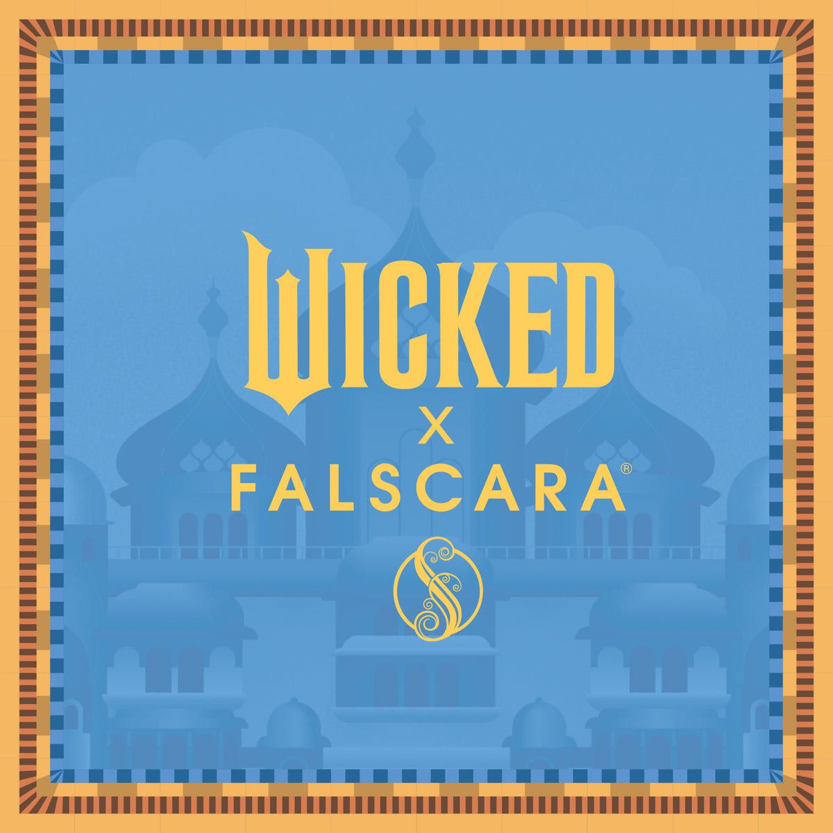 Wicked x Falscara collaboration logo with ornate blue background and gold text