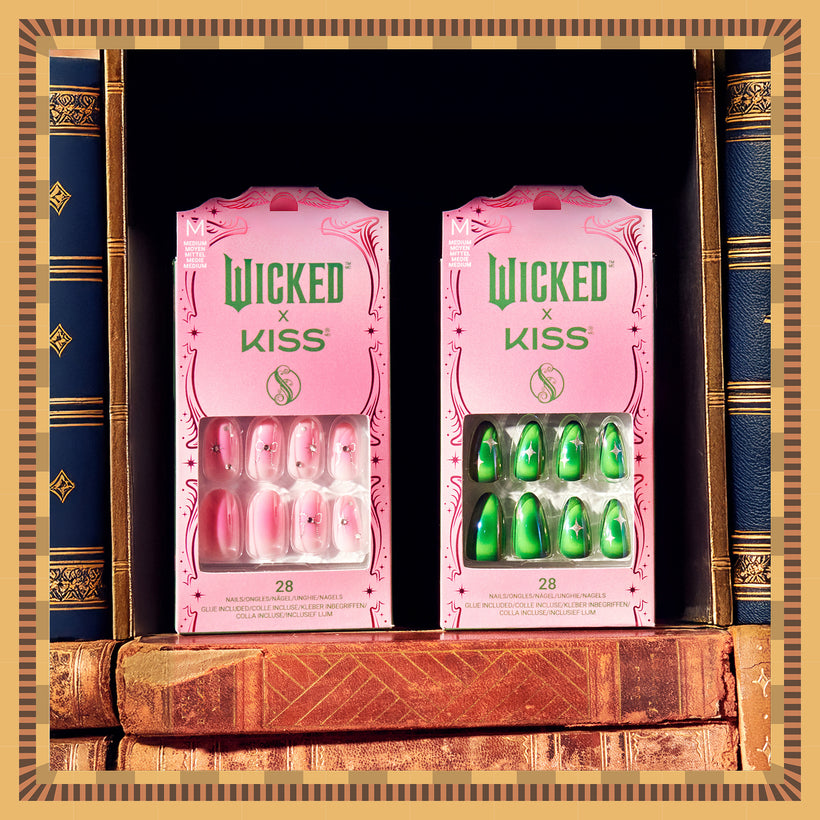 Wicked x KISS nail sets in pink and green displayed on vintage books.