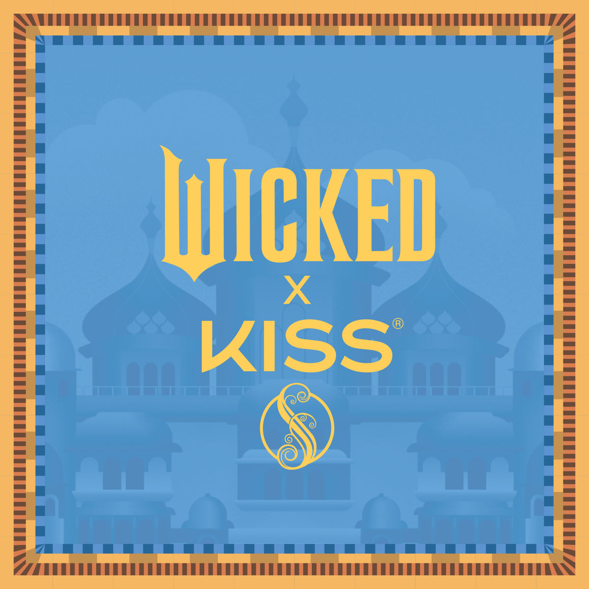 Wicked x KISS collaboration logo with ornate gold text on blue background