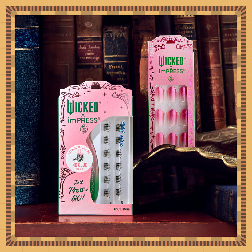 Wicked x imPRESS press-on lashes and nails on bookshelf display.
