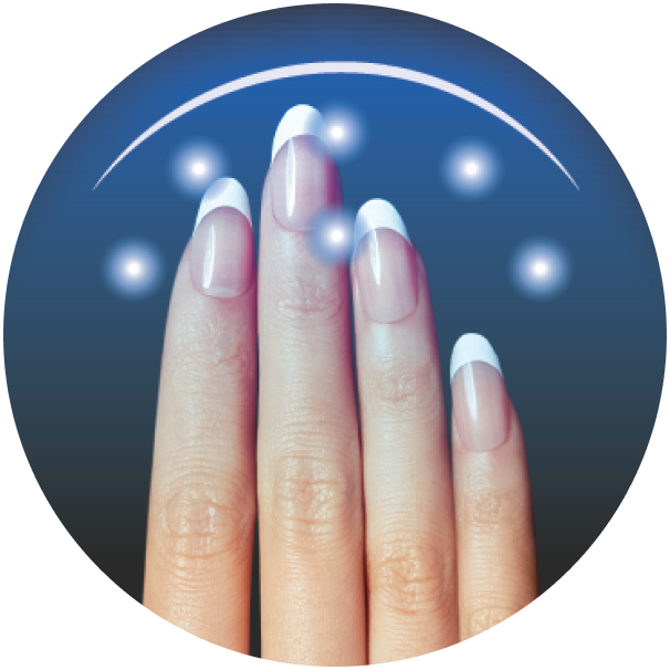 Elegant manicured nails with white ombre tips and sparkling lights on dark background