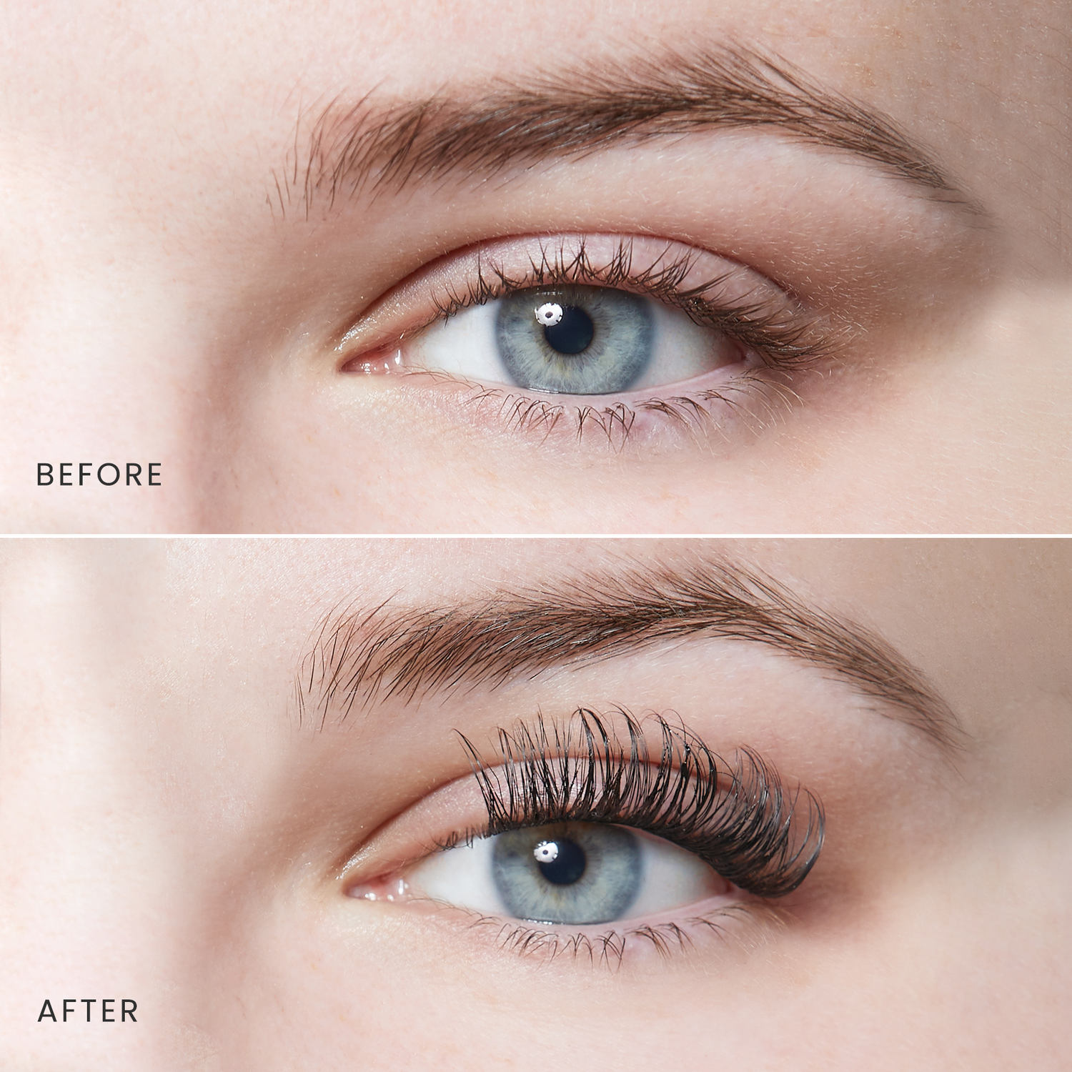 Close-up side-by-side comparison of a blue eye before and after applying FALSCARA Lengthening Wisps 16mm lashes, showing natural lashes versus fuller, longer, curled lashes.