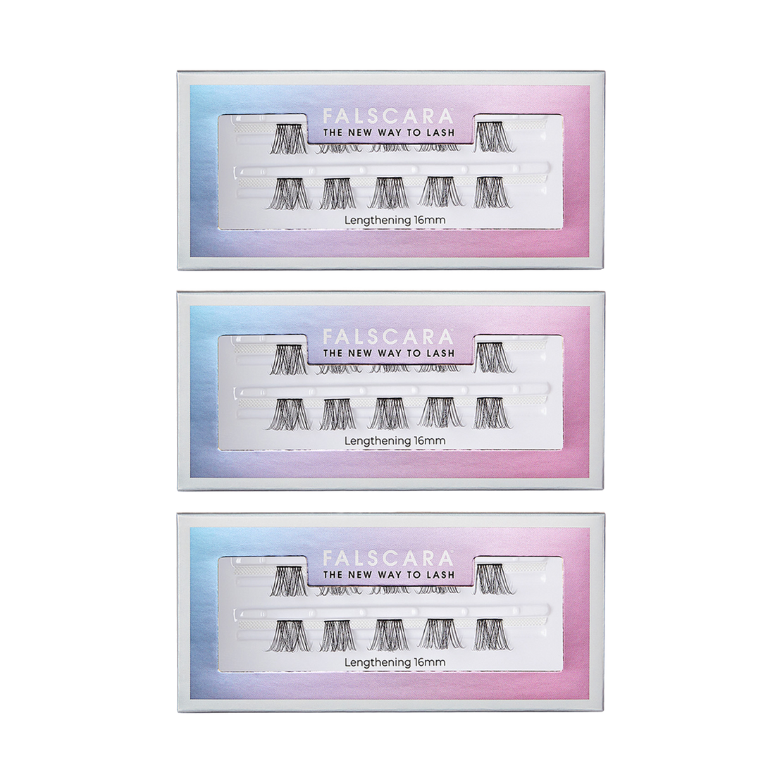 Three rectangular packages of FALSCARA Lengthening Wisps 16mm eyelash extensions, each with a blue-to-pink gradient border and the tagline \