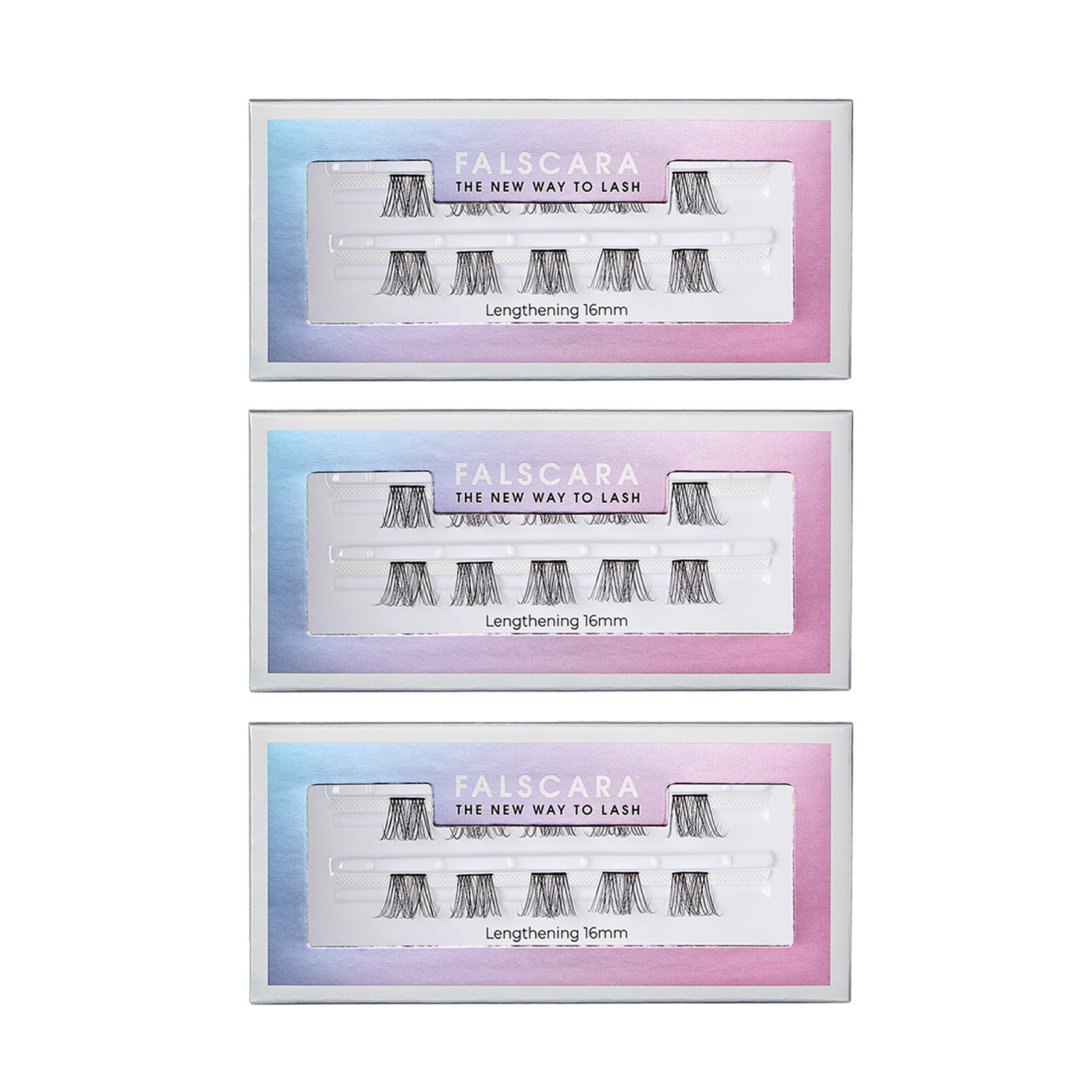 Three rectangular packages of FALSCARA Lengthening Wisps 16mm eyelash extensions, each with a blue-to-pink gradient border and the tagline \