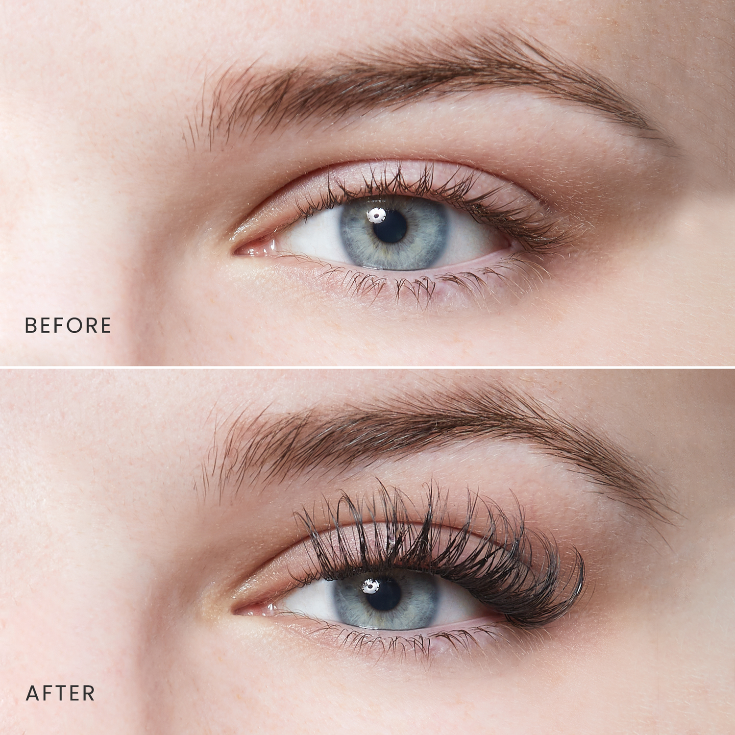 Close-up comparison of a blue eye with natural short lashes labeled \