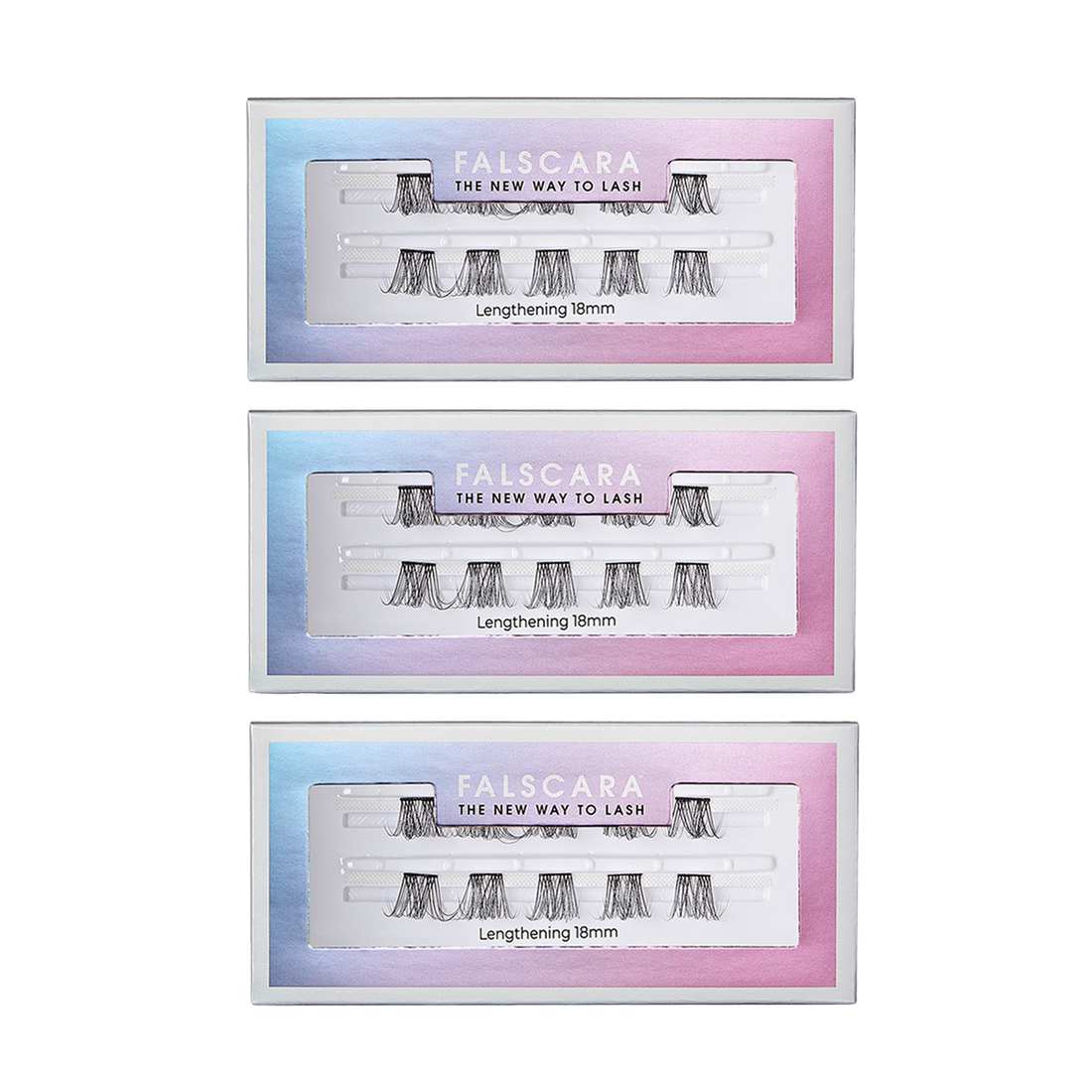 Three rectangular packs of FALSCARA Lengthening Wisps eyelash extensions, each with black lash clusters arranged inside a window on a gradient blue-to-pink background. Text on packaging reads \