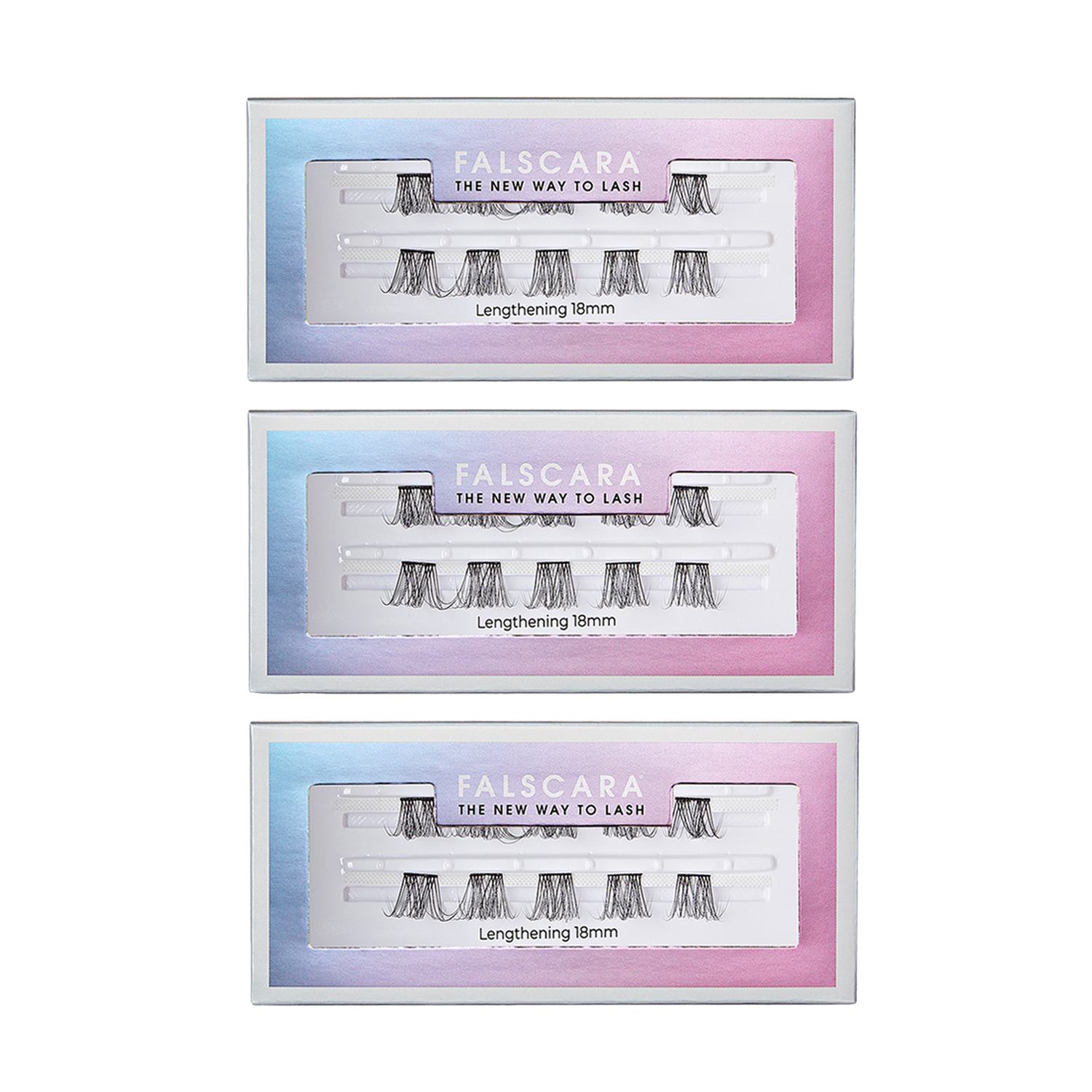 Three rectangular packs of FALSCARA Lengthening Wisps eyelash extensions, each with black lash clusters arranged inside a window on a gradient blue-to-pink background. Text on packaging reads \