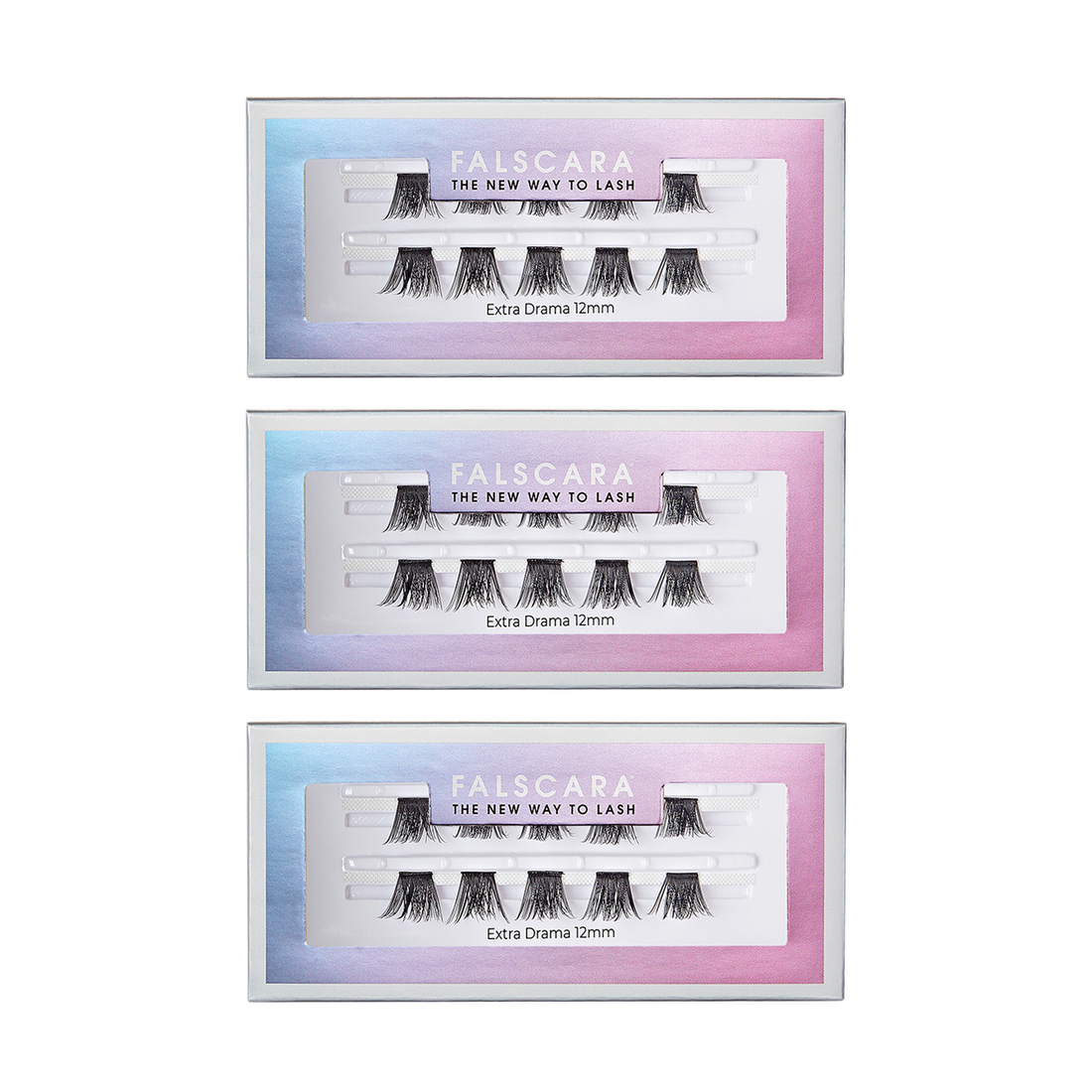 Three identical packages of FALSCARA Extra Drama Wisps 12mm false eyelashes, each showing five pairs of black, short, dramatic lash segments inside a rectangular box with a gradient blue to pink border and the tagline \