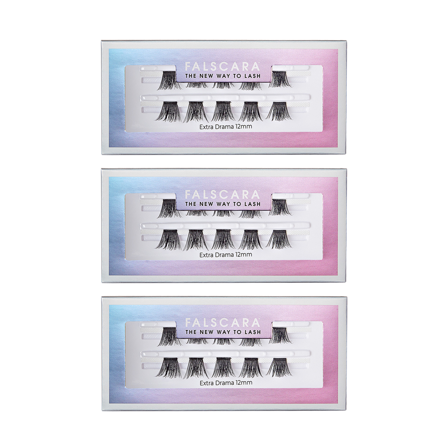 Three identical packages of FALSCARA Extra Drama Wisps 12mm false eyelashes, each showing five pairs of black, short, dramatic lash segments inside a rectangular box with a gradient blue to pink border and the tagline \