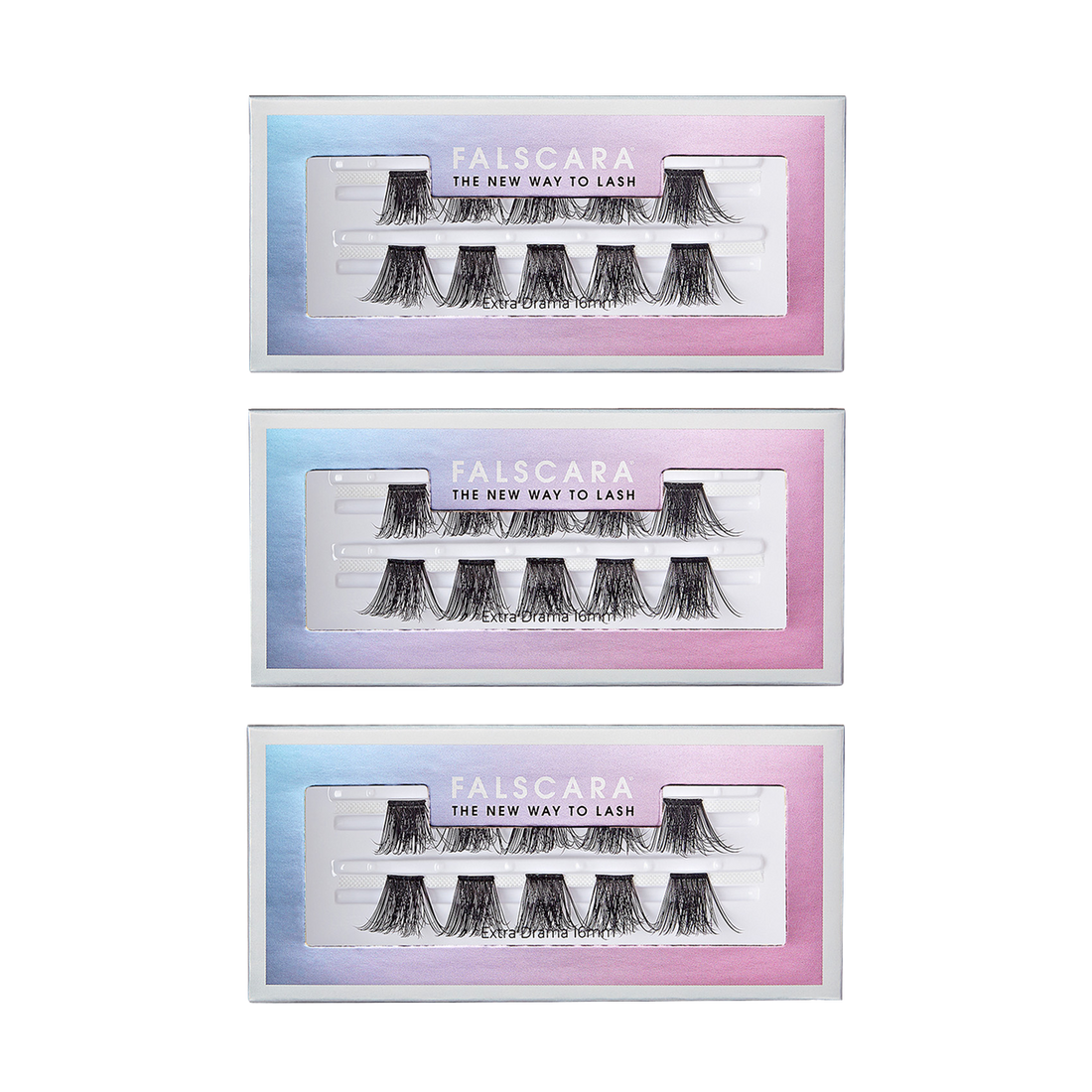 Three rectangular packages of FALSCARA false eyelashes, each showing a set of black wispy lashes inside a window on a blue-to-pink gradient background. The packaging text reads \