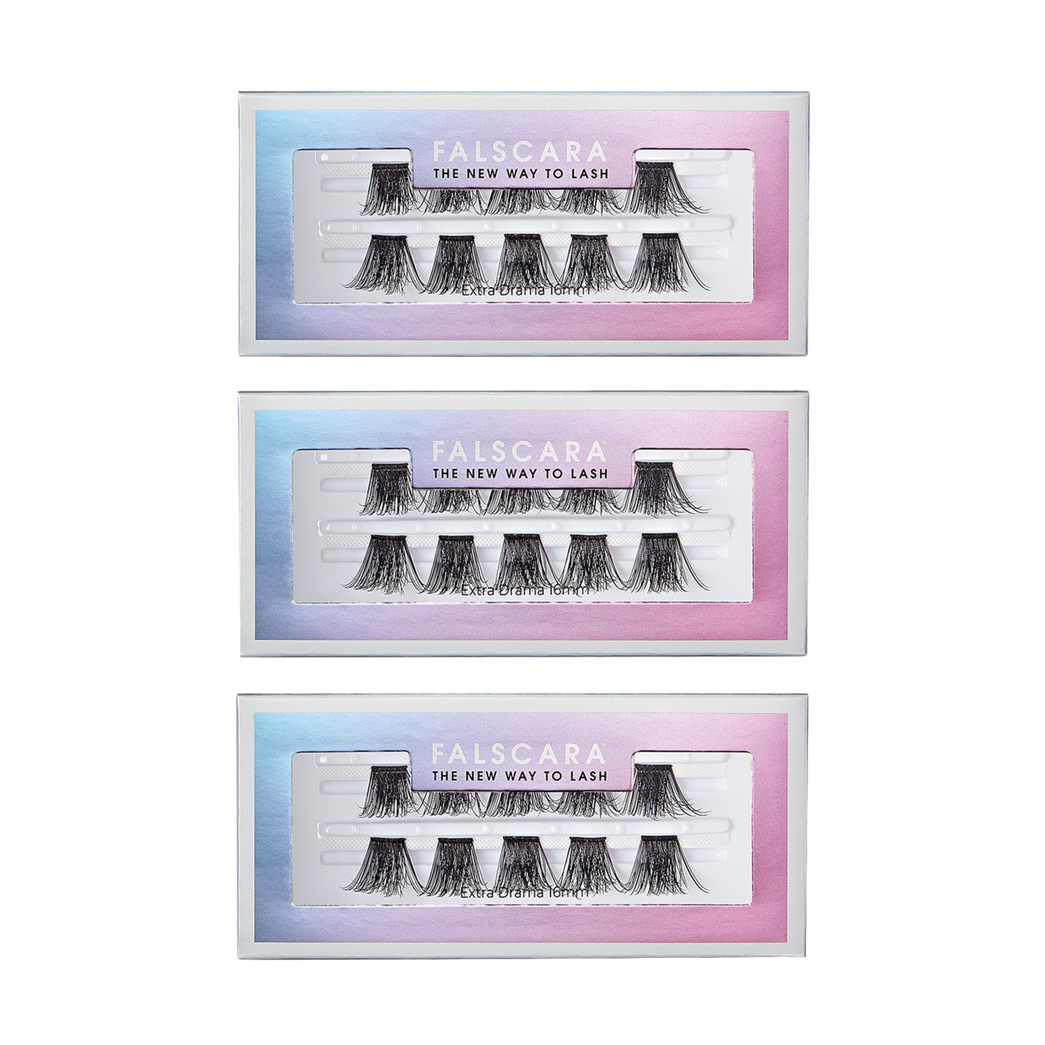 Three rectangular packages of FALSCARA false eyelashes, each showing a set of black wispy lashes inside a window on a blue-to-pink gradient background. The packaging text reads \