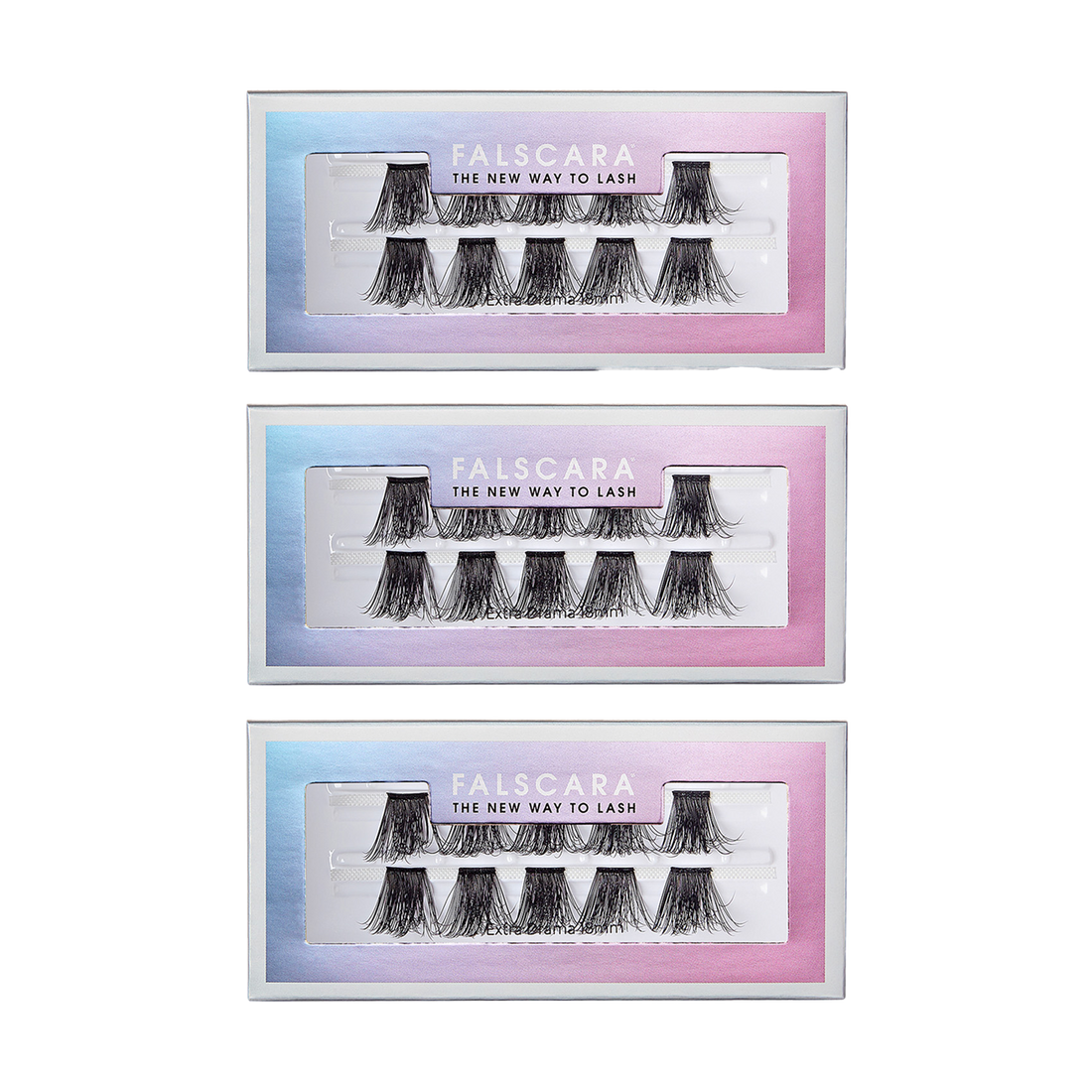 Three rectangular boxes of FALSCARA Extra Drama Wisps 18mm false eyelashes with a gradient blue-to-pink border and the text \