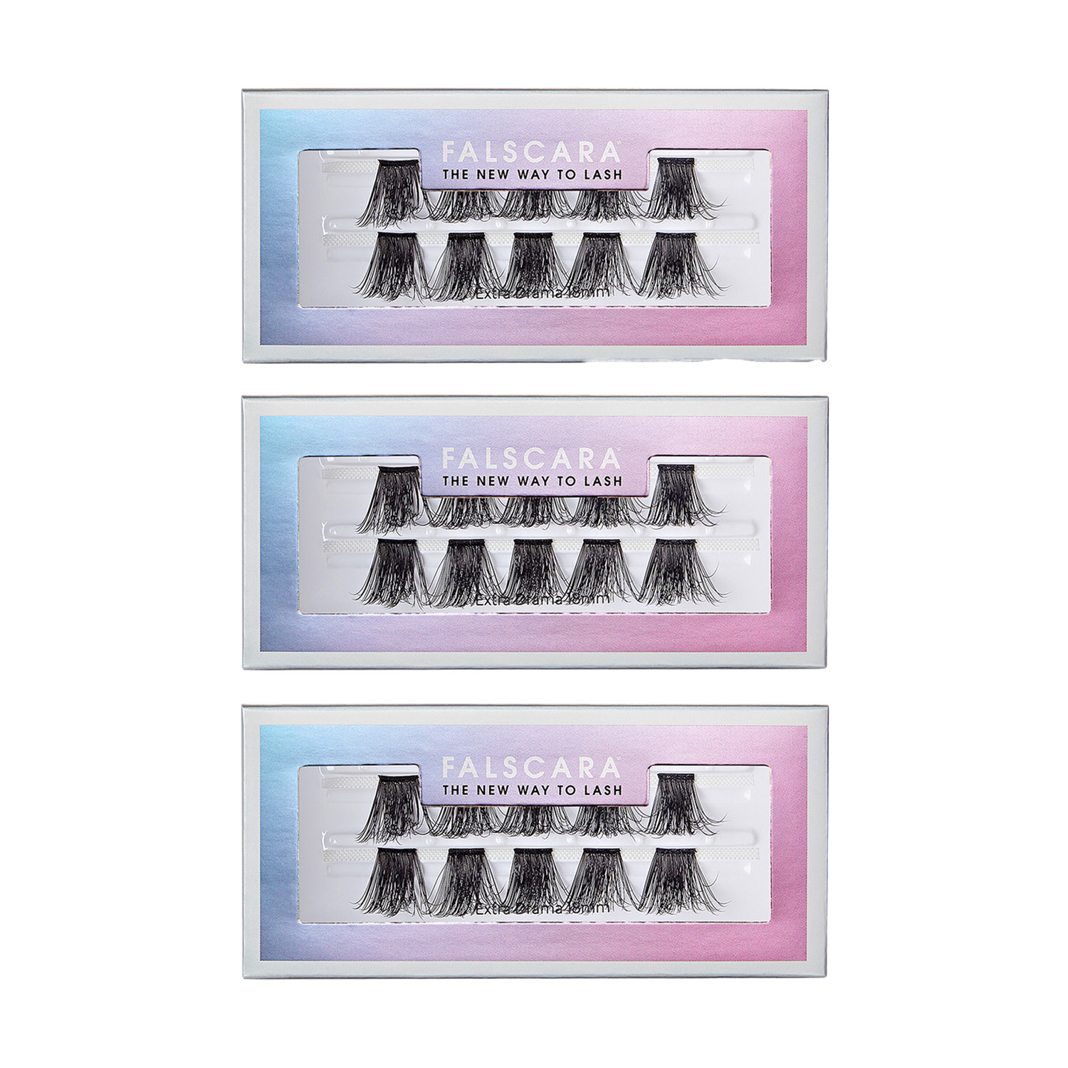Three rectangular boxes of FALSCARA Extra Drama Wisps 18mm false eyelashes with a gradient blue-to-pink border and the text \