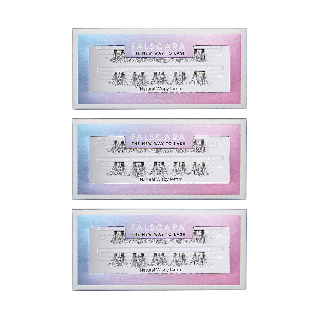 Three rectangular FALSCARA eyelash extension packages with a gradient blue to pink border, each showing natural wispy 14mm lash clusters inside. The packaging text reads \