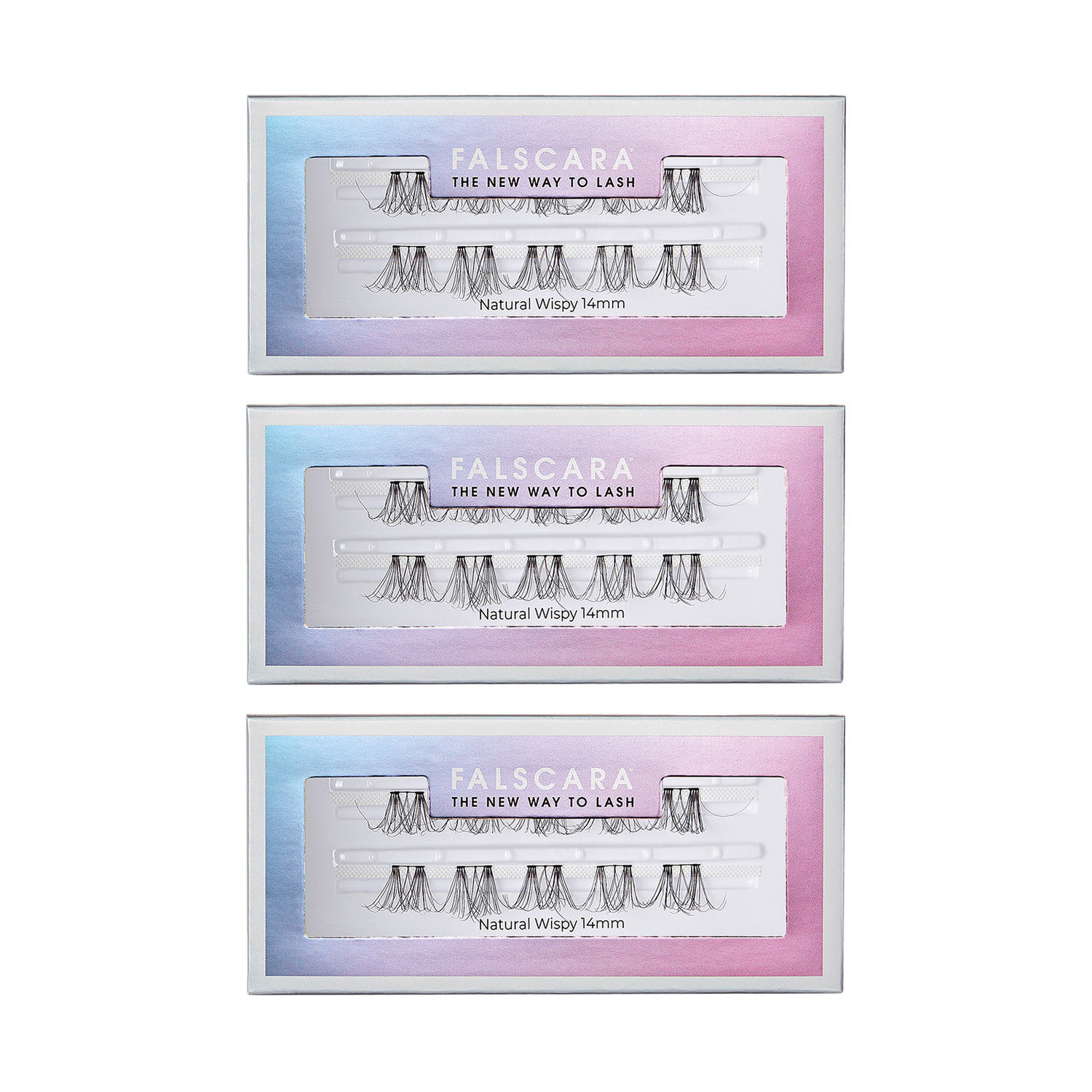 Three rectangular FALSCARA eyelash extension packages with a gradient blue to pink border, each showing natural wispy 14mm lash clusters inside. The packaging text reads \