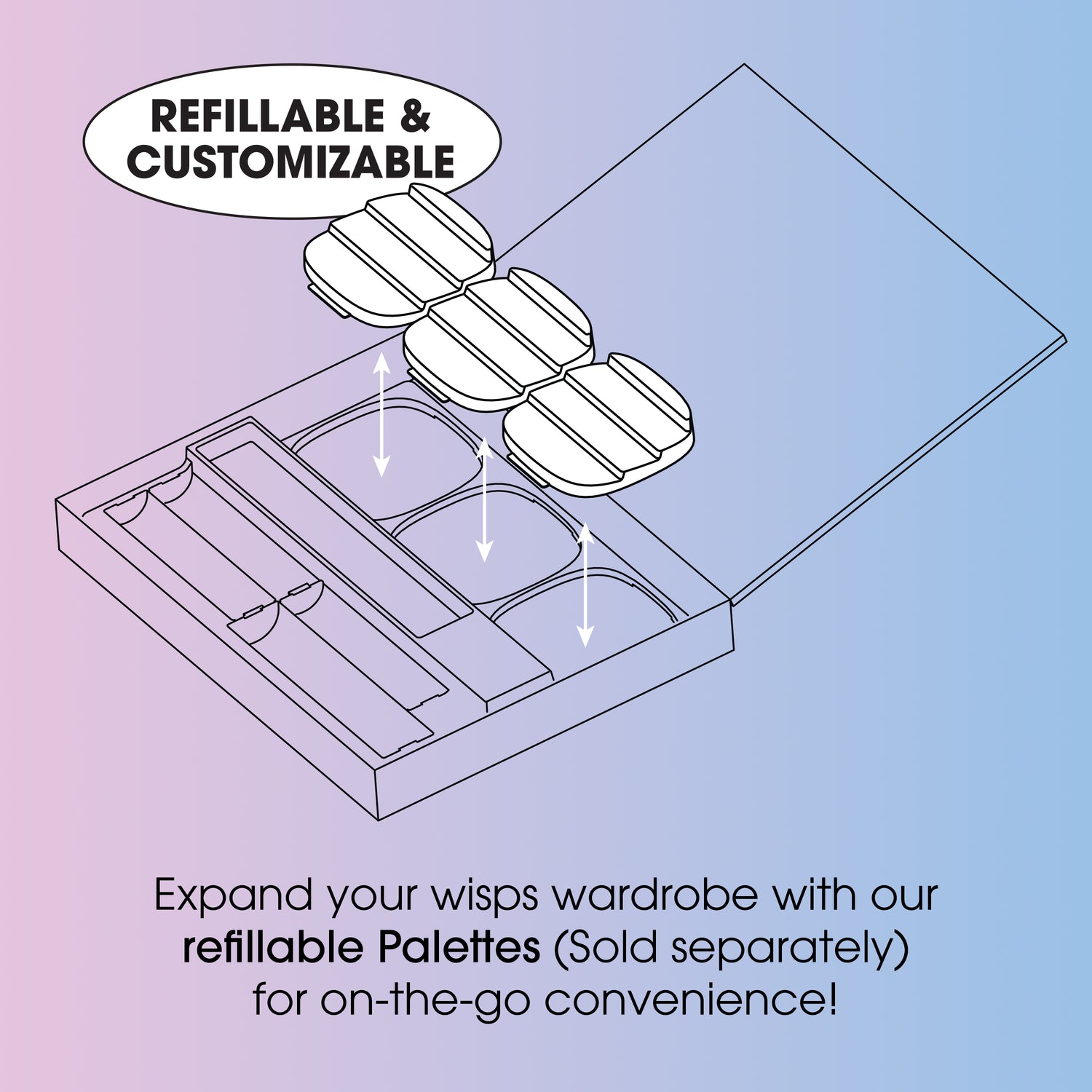 Line drawing of an open lash extension palette case showing three refillable compartments with arrows, on a pink and blue gradient background.