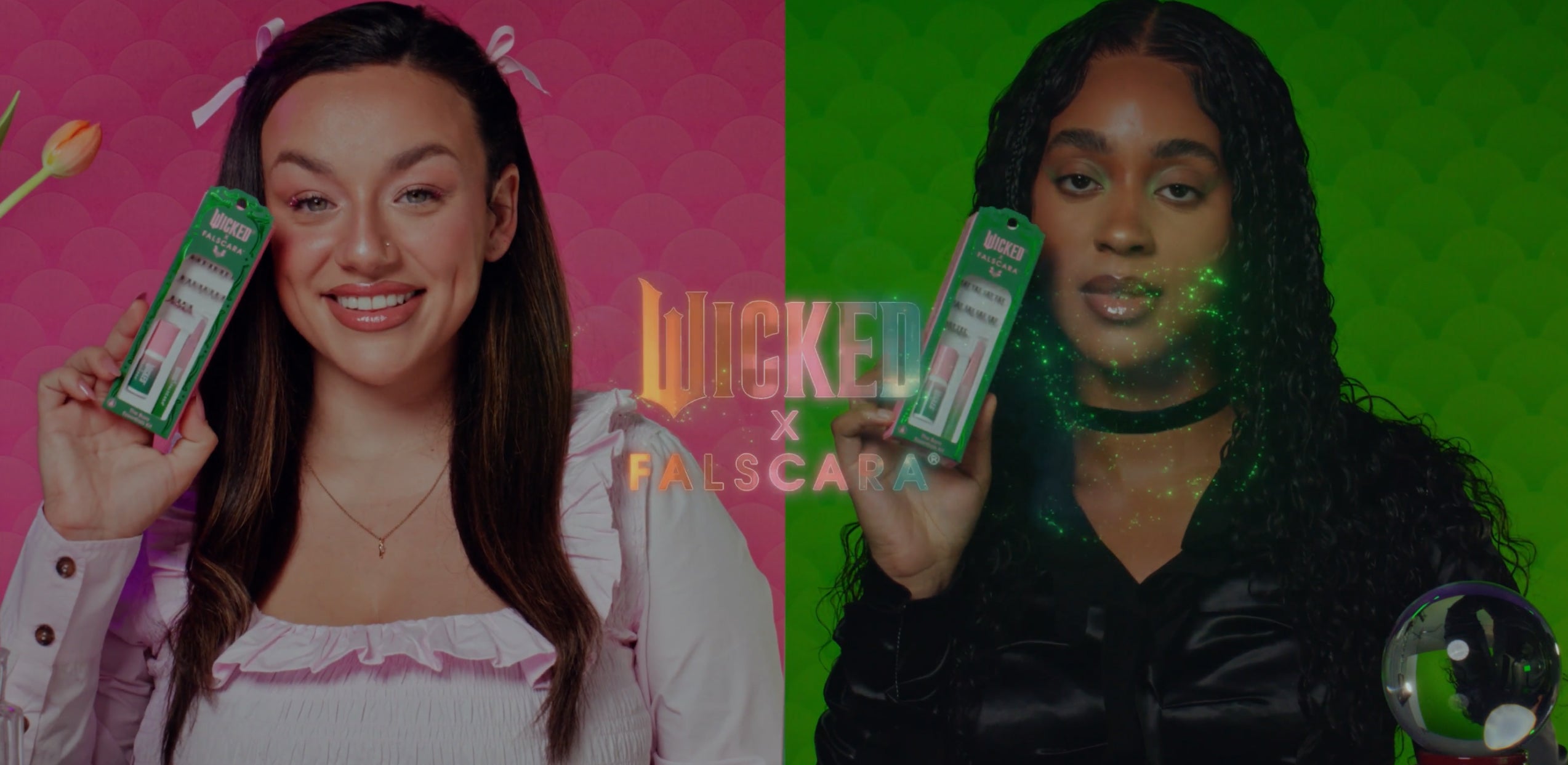 Two women holding Wicked x Falscara false lashes against pink and green backgrounds.