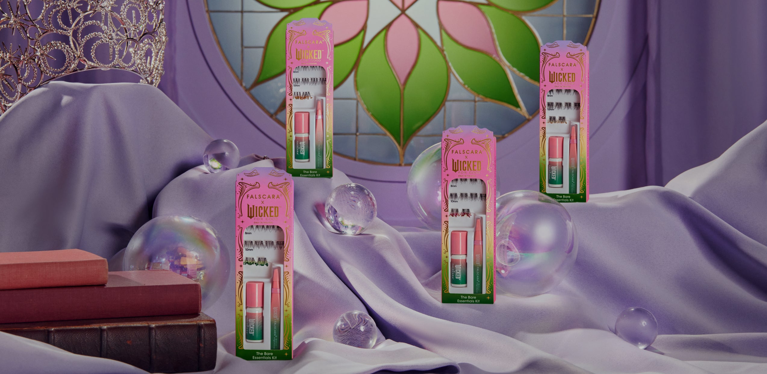 Falscara Wicked lash kits displayed in purple luxe setting with botanical elements.